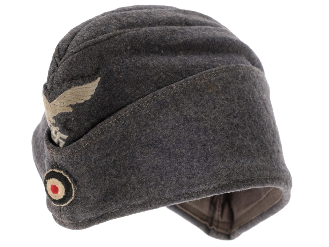 Luftwaffe Enlisted / NCO Sidecap: Luftwaffe Enlisted / NCO Sidecap Luftwaffe blue-gray wool cap has a machine embroidered, second pattern Luftwaffe eagle and machine embroidered, national tricolor cockade. Interior is lined with blue-