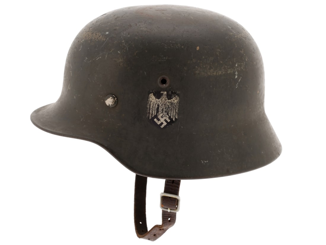 Army Single Decal M35 Helmet.: Army Single Decal M35 Helmet. M35 helmet retains 70% feldgrau finish with light oxidation in the scratches and worn areas, has a small oval spot of very light oxidation on the crown suggesting that it