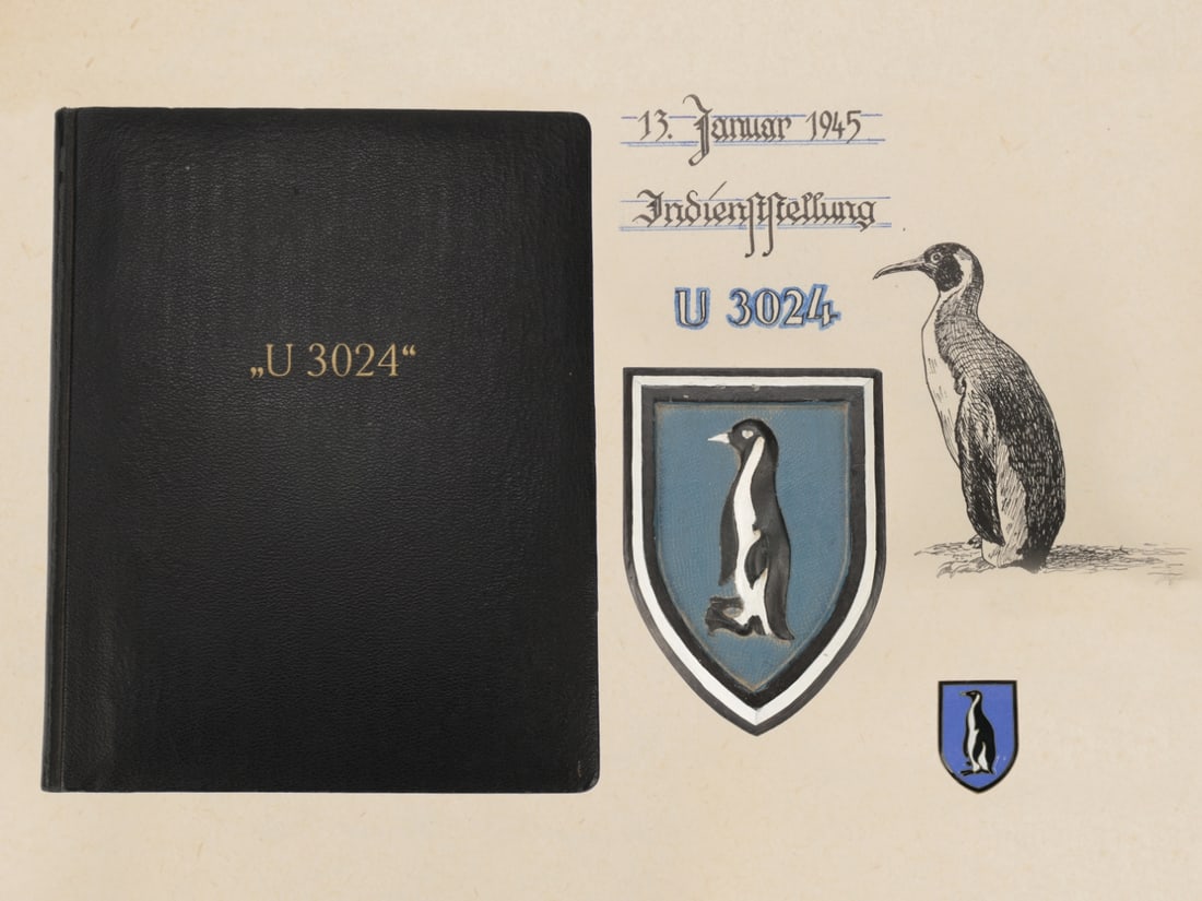 Kriegsmarine Type XXI U-Boat U-3024 Captain's Commissioning Book & Emblem Lot: Kriegsmarine Type XXI U-Boat U-3024 Captain's Commissioning Book & Emblem Lot. Includes commissioning book for U-3024, with a number of well-wishes and inspirationally motivated sentiments inscrib