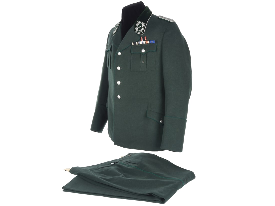 Third Reich Forestry Official's Uniform Coat and Trousers: Third Reich Forestry Official's Uniform Coat and Trousers. Forestry green wool tunic has darker green piping and velvet collar trimmed in aluminum bullion, with Forstmeister rank shoulder boards and c