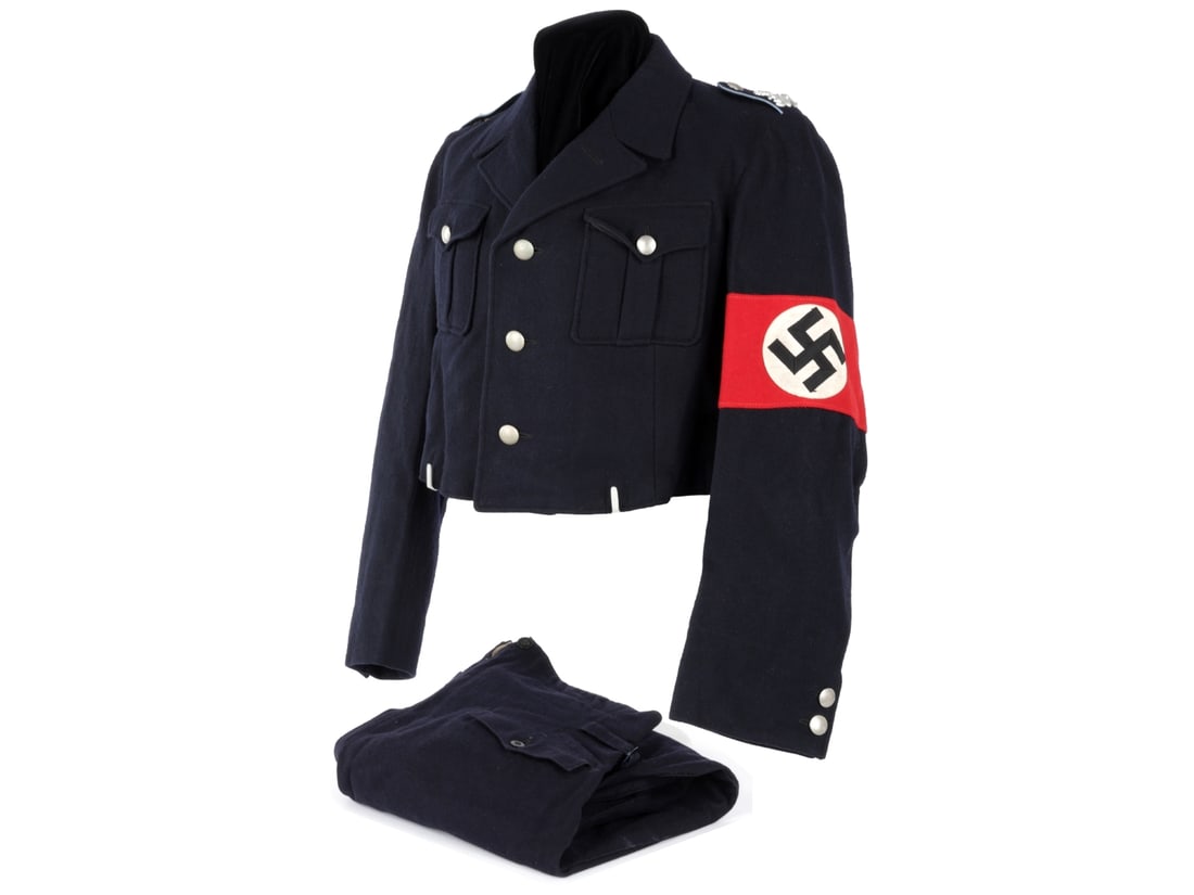 Deutsche Arbeitsfront Uniform Jacket & Breeches: Deutsche Arbeitsfront Uniform Jacket & Trousers. Dark blue wool short waist jacket has light blue piped shoulder straps with aluminum DAF cogged wheel emblem and unit numerals "307", an NSDAP armb
