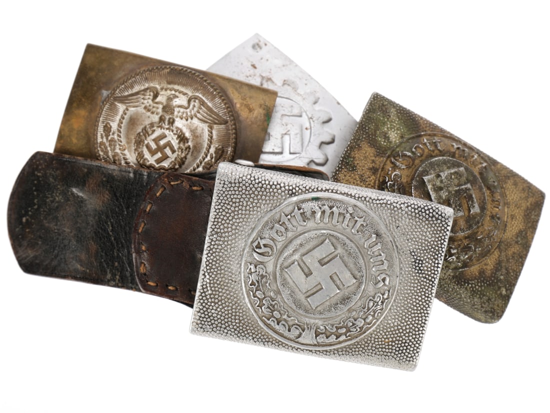 Lot of Four German WWII Buckles: Police, Water Police, DAF, & SA: Lot of Four German WWII Buckles: Police, Water Police, DAF, & SA. DAF enlisted buckle has Overhoff & Cie maker mark, retains 90% finish - a nice example. Lot includes an unmarked SA buckle wit