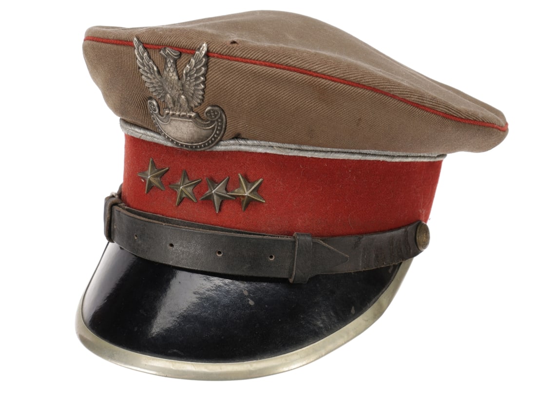 1930's Polish Army Officer's Visor Cap: 1930's Polish Army Officer's Visor Cap Khaki wool Polish Army officer's visor cap of conventional round-crown construction, retaining its original Polish eagle cap badge above a broad red wool band mo