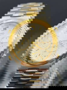 Rare Seiko 7A34-7019 Quartz Chronograph Watch Japan Gold Tone: The Seiko 7A34-7019 is a vintage quartz chronograph from the late 1980s, featuring a 15-jewel movement, gold-tone cushion case, and white dial with gold subdials. It includes chronograph functions