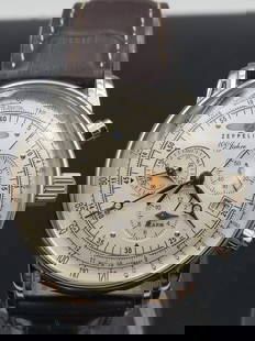 Zeppelin Uhr 100 Jahre Chronograph Alarm Leuchtblatt 7680-1, White, Standard Size, Strap.: The Zeppelin 100 Jahre Chronograph Alarm 7680-1 is a distinguished timepiece that celebrates a century of German engineering excellence. Part of the "100 Years Zeppelin" collection, this watch