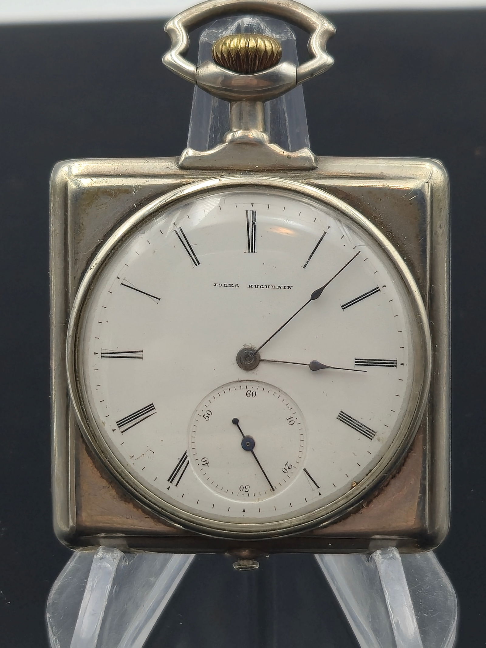 Antique Jules Hugunin Swiss .800 Silver Square “Bridge Case” Pocket Watch – Rare Design (1 of 11)