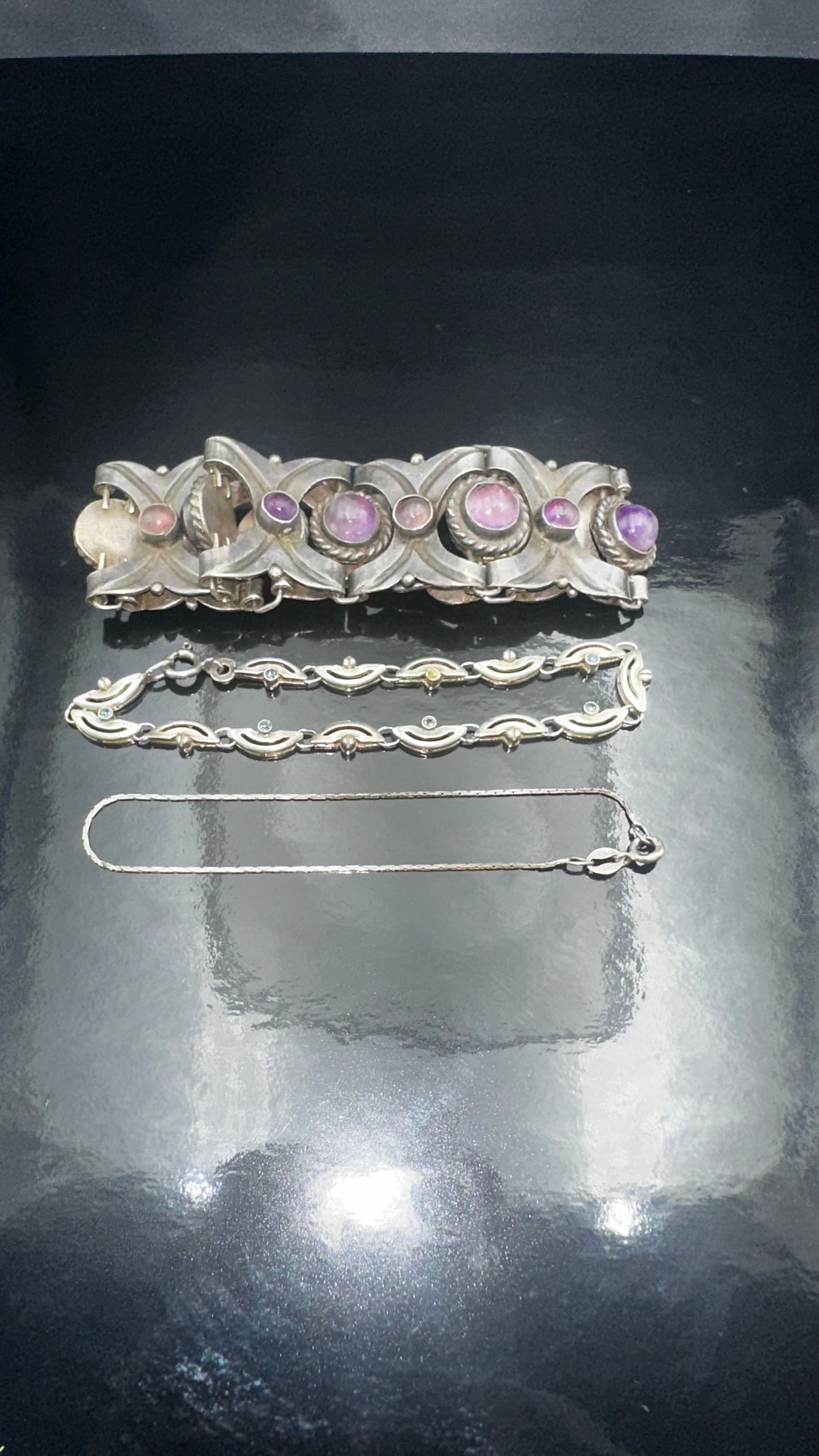 Vintage Sterling Silver Bracelet Lot – Amethyst Statement & Silver Link Designs (Set of 3) (1 of 19)