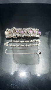Vintage Sterling Silver Bracelet Lot – Amethyst Statement & Silver Link Designs (Set of 3): "A beautiful collection of three vintage sterling silver bracelets, offered as a lot: &bull;Bracelet 1: A bold, wide-link statement bracelet featuring intricate wave and leaf-inspired silverwork, set