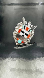 Vintage Zuni Sterling Silver Inlay Kachina Ring: This is an exceptional vintage Zuni sterling silver ring showcasing intricate, hand-crafted inlay work in a traditional Kachina design. The ring features finely cut stones including turquoise, coral,