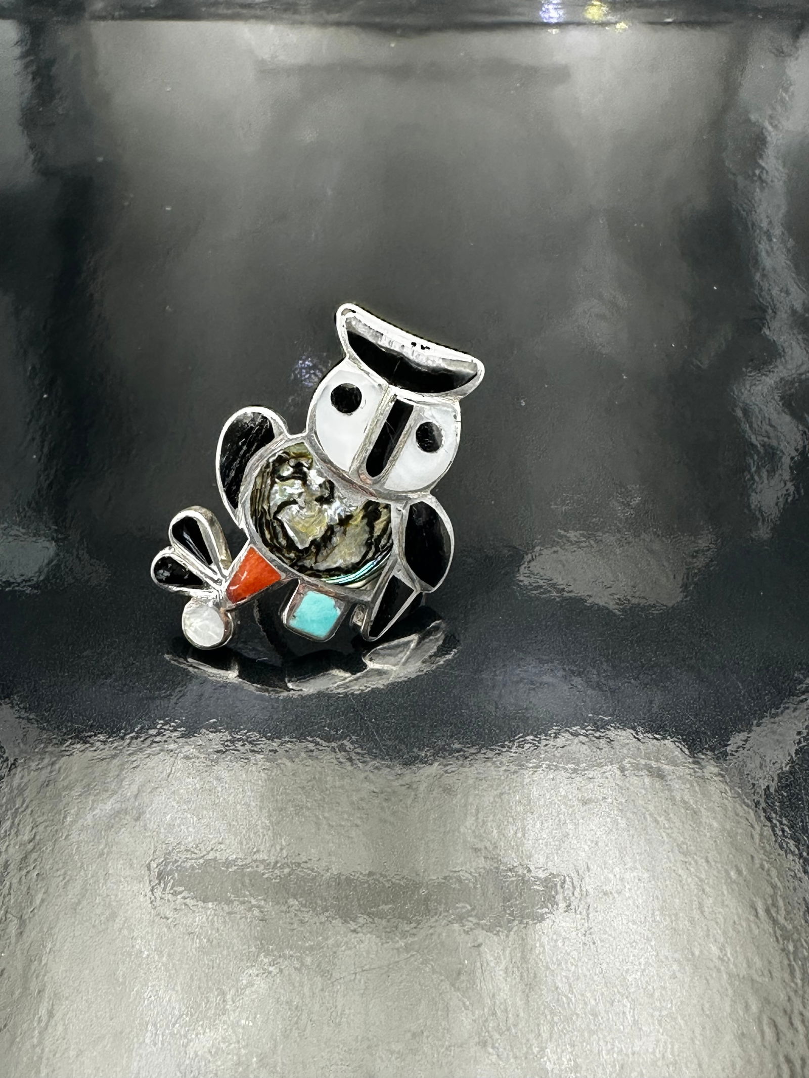 Vintage Zuni Sterling Silver Owl Ring with Turquoise, Coral & Abalone Inlay (1 of 10)