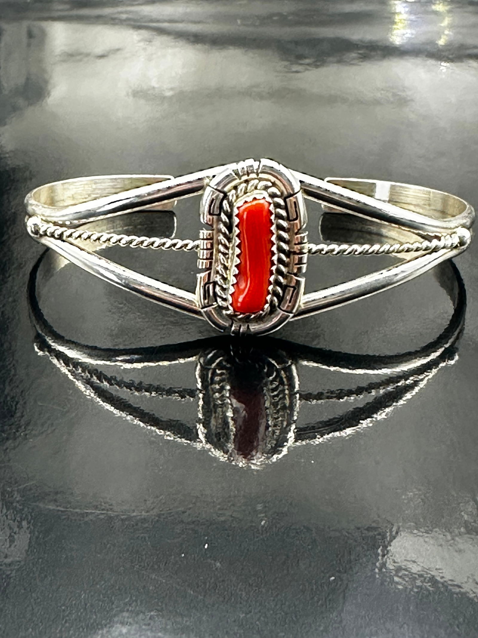 Vintage Native American Sterling Silver & Red Coral Cuff Bracelet Signed D.S. (1 of 10)