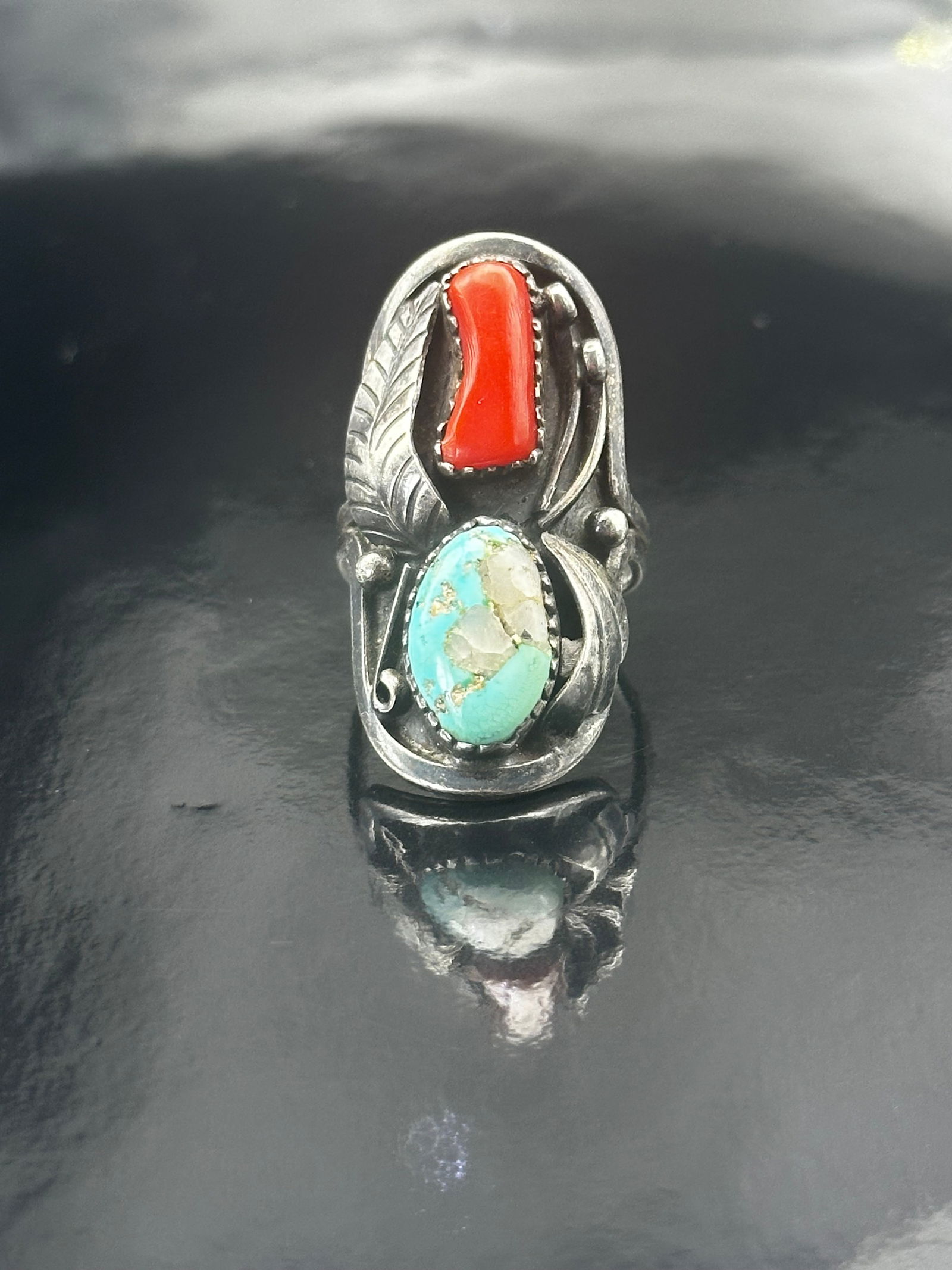 Vintage Native American Sterling Silver Ring with Turquoise and Coral – Signed “HM” (1 of 10)