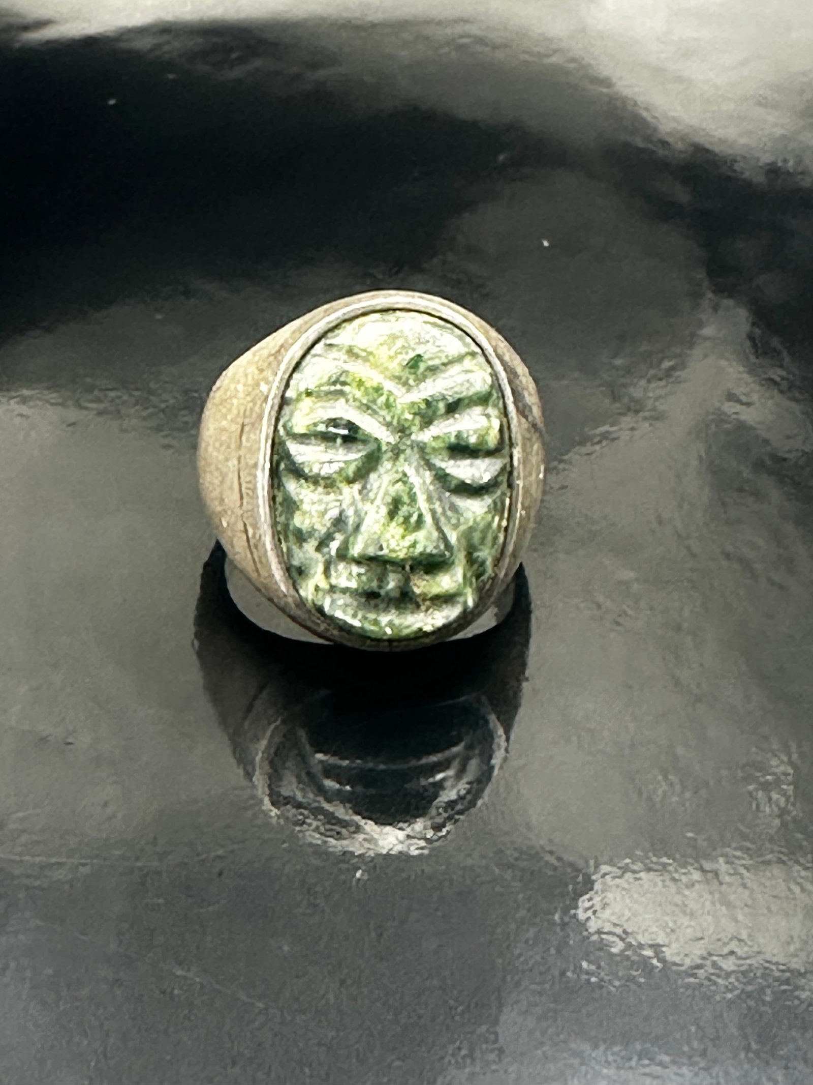 Vintage Sterling Silver Ring w/ Carved Green Stone Face – Tribal/Mesoamerican Style (1 of 10)