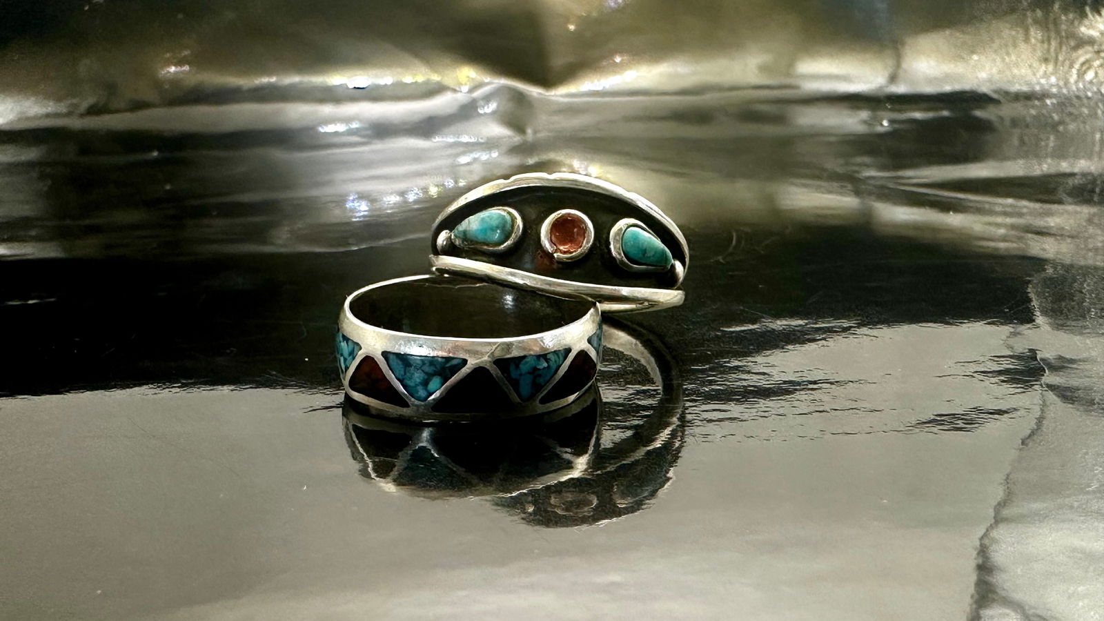 Pair of Vintage Sterling Silver Southwestern Rings w/ Turquoise & Coral Inlay (1 of 15)