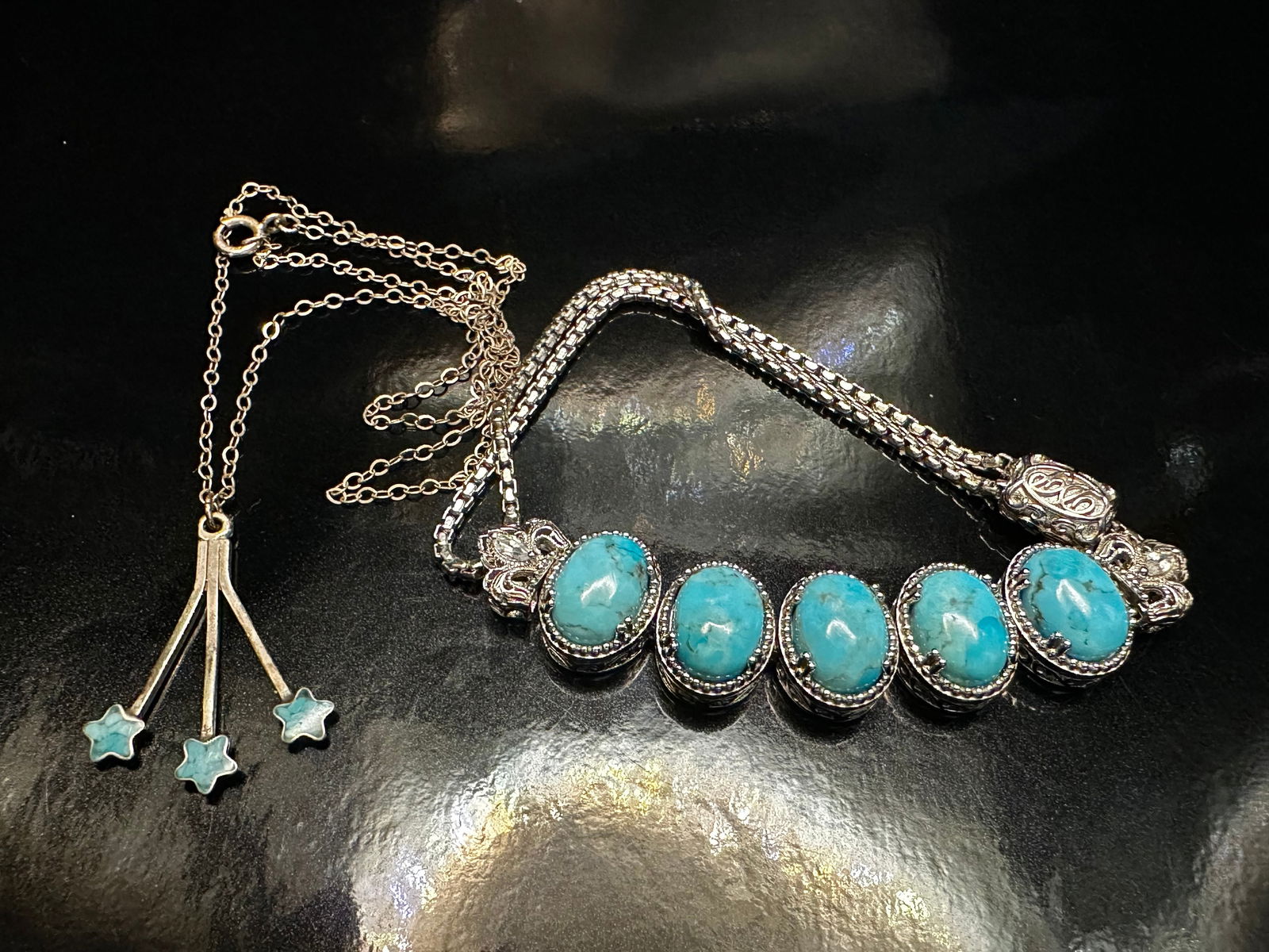 Vintage Sterling Silver Jewelry Lot – Turquoise Panel Bracelet & Star Pendant Necklace (1 of 11)