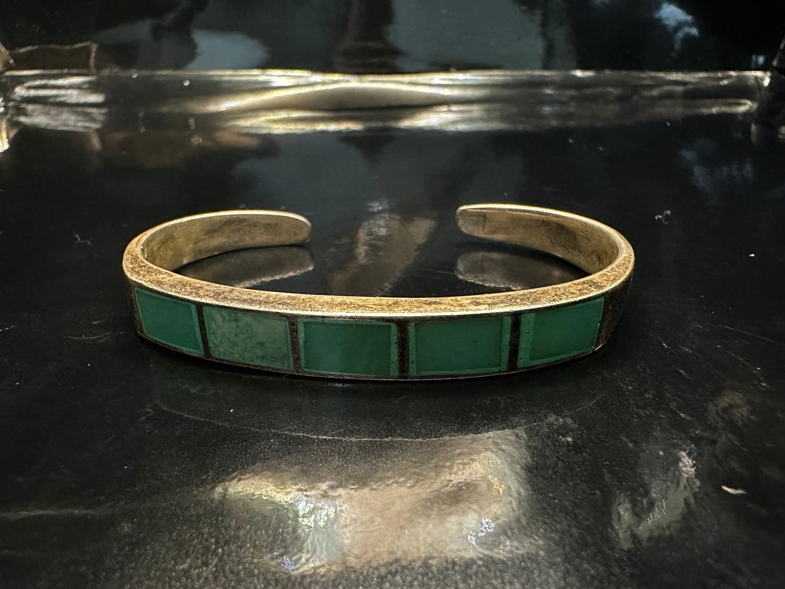 Vintage Sterling Silver & Green Stone Inlay Cuff Bracelet, Signed (1 of 10)