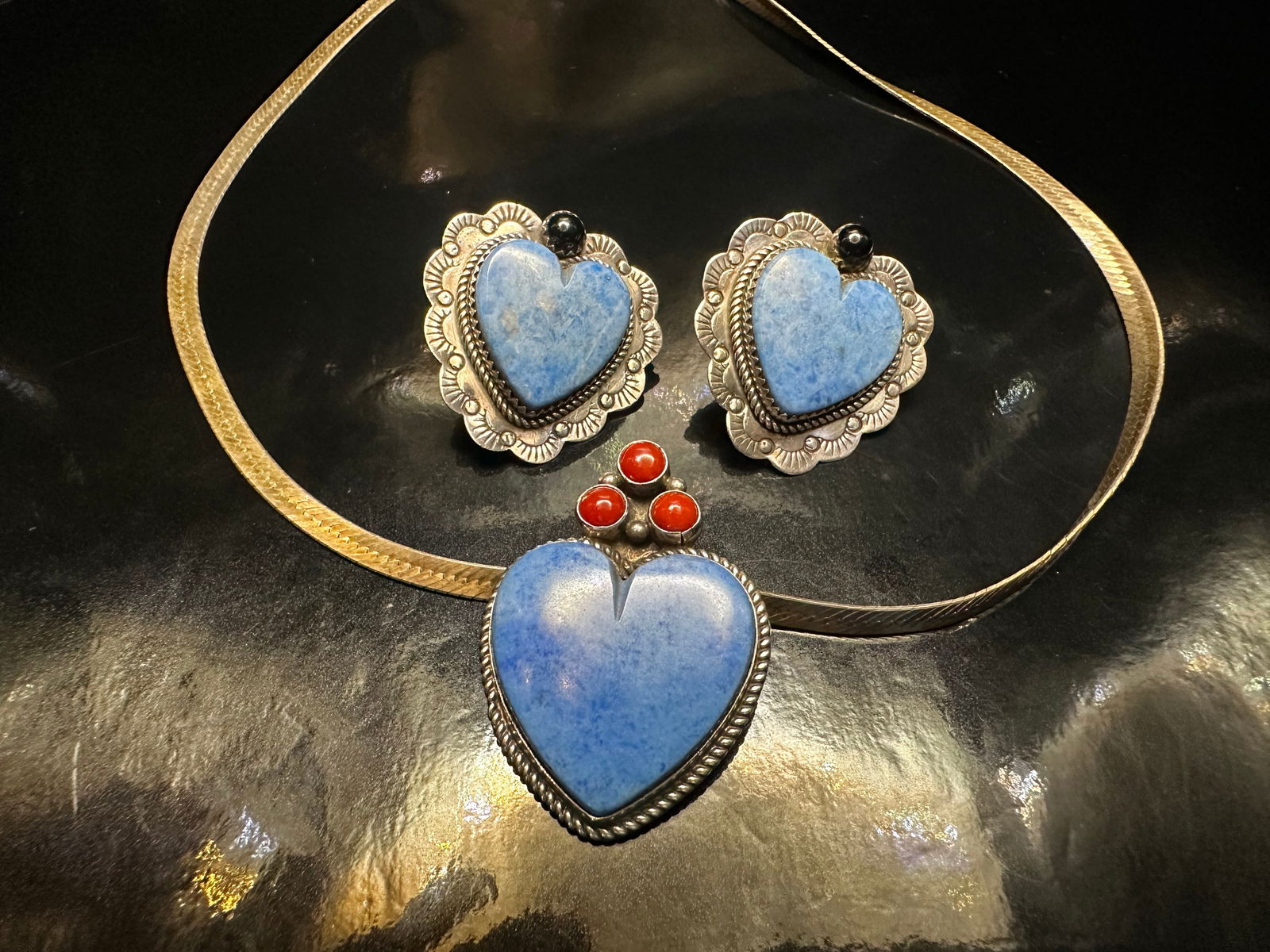 Vintage Sterling Silver Heart Necklace & Earring Set w/ Blue & Red Stones (1 of 11)