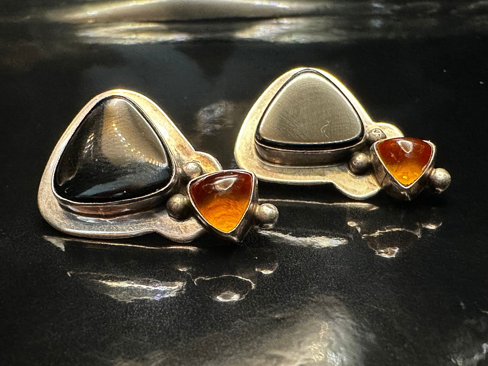 Vintage H. E. Signed Sterling Silver Earrings with Black Onyx and Amber (1 of 10)