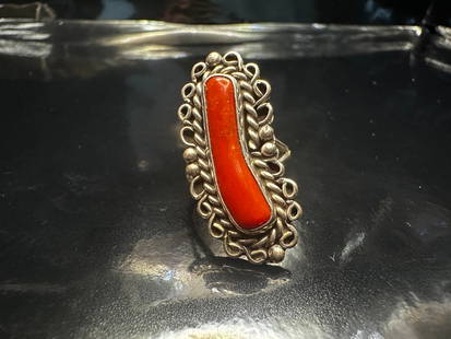 Vintage Navajo Sterling Silver & Red Coral Ring Signed JM: Striking vintage Navajo sterling silver ring featuring a large, natural red coral branch centerpiece. The vibrant coral is bezel-set and framed by handcrafted silver scrollwork and raindrop accents. B