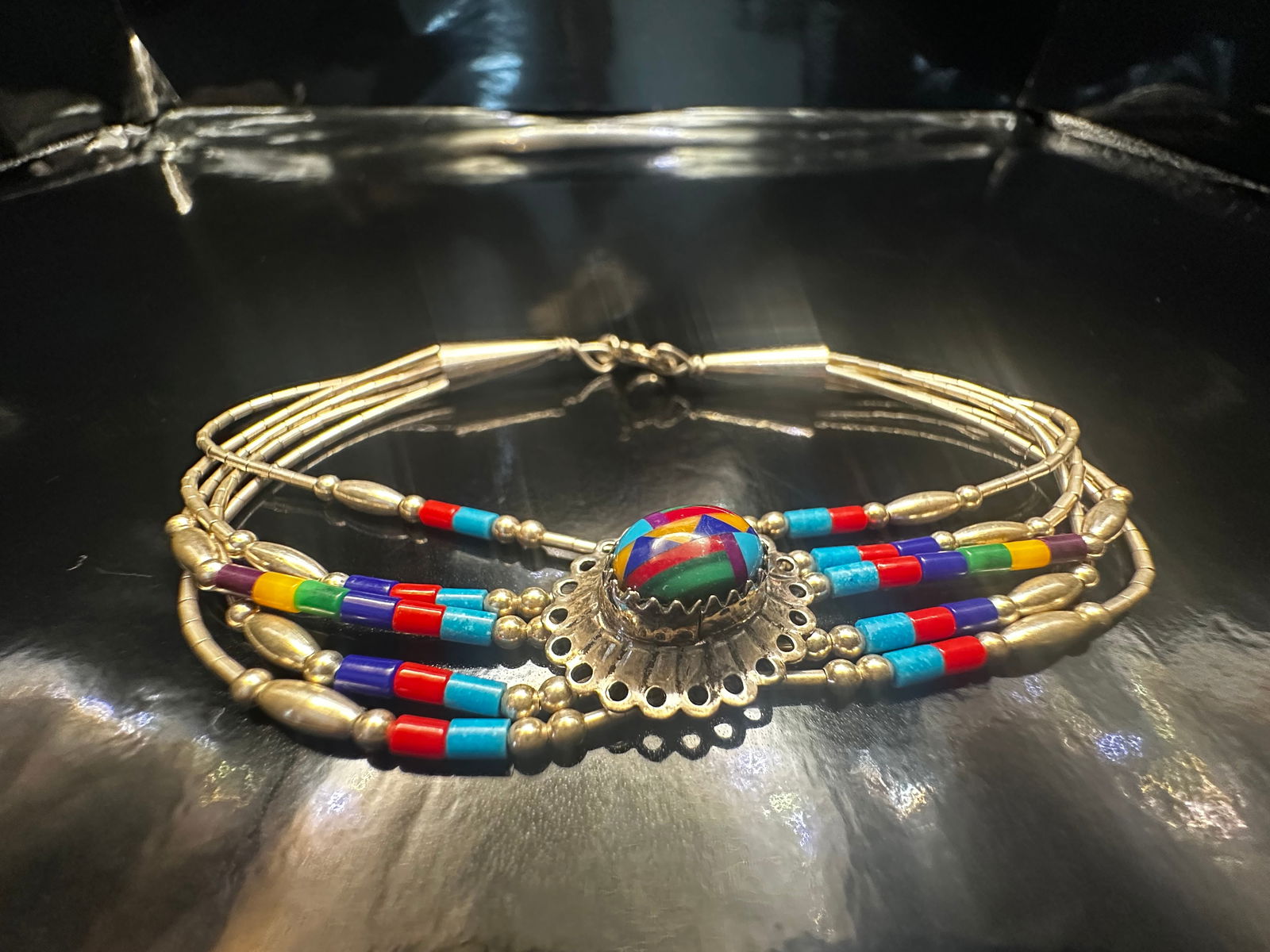 Vintage Sterling Silver Multi-Strand Beaded Bracelet with Rainbow Inlay Center (1 of 10)