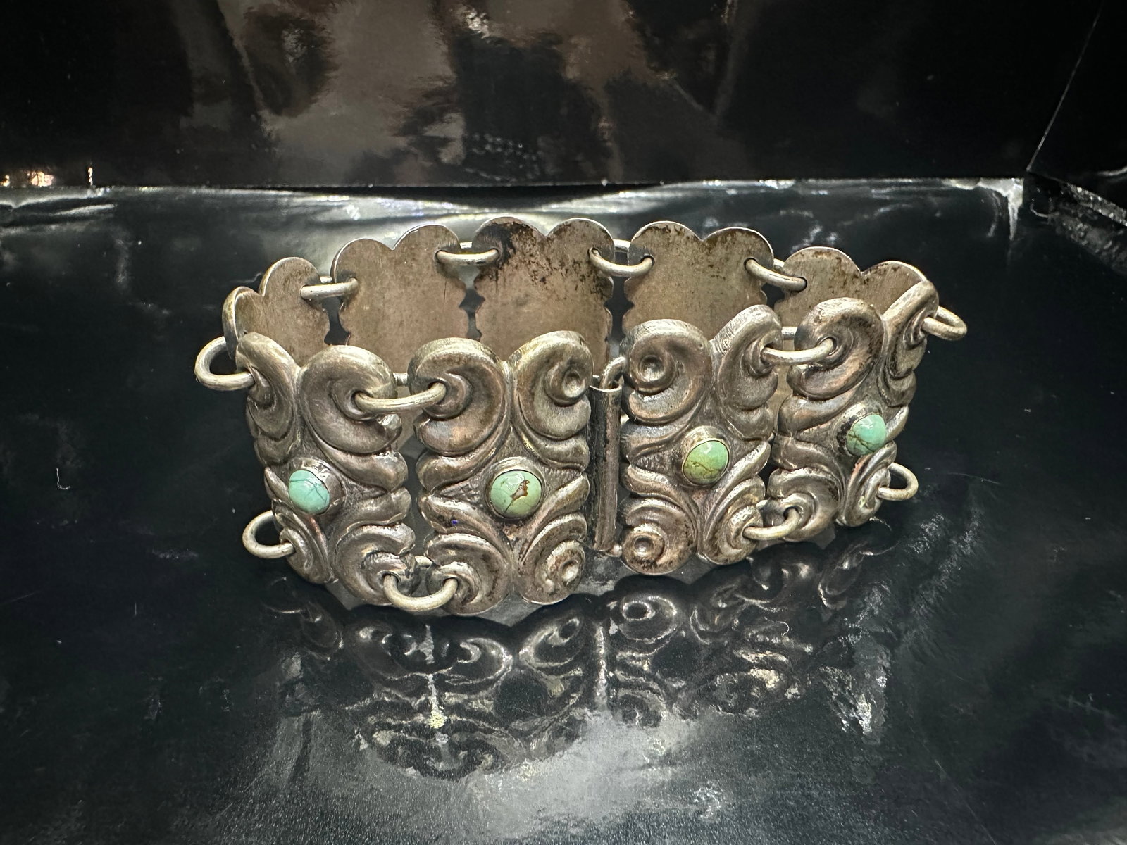 Vintage Mexican Sterling Silver & Turquoise Panel Bracelet (1 of 10)