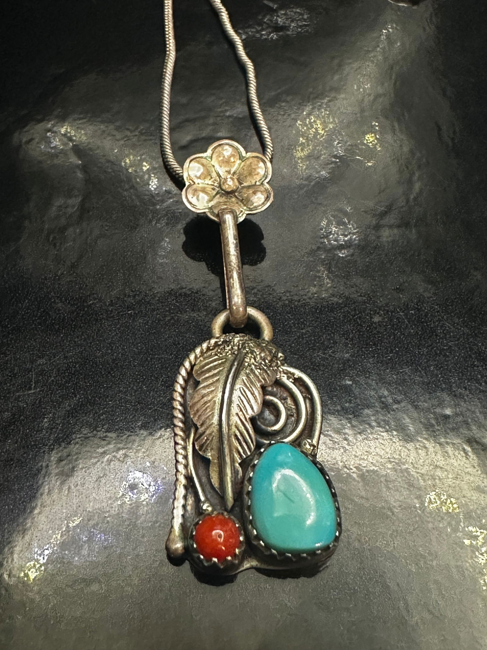 Vintage Sterling Silver Turquoise & Coral Pendant Necklace with Leaf Motif (1 of 10)