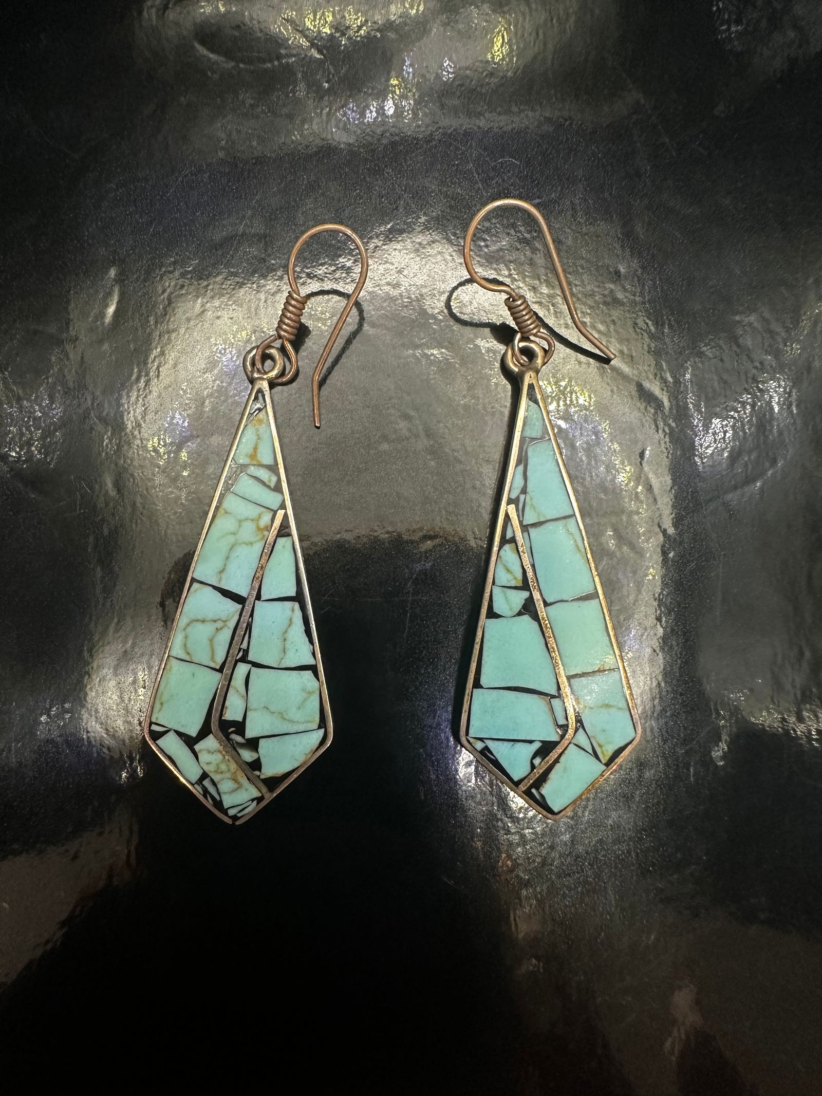 Vintage Mexican Sterling Silver & Turquoise Inlay Dangle Earrings, Signed TJ-142 (1 of 10)