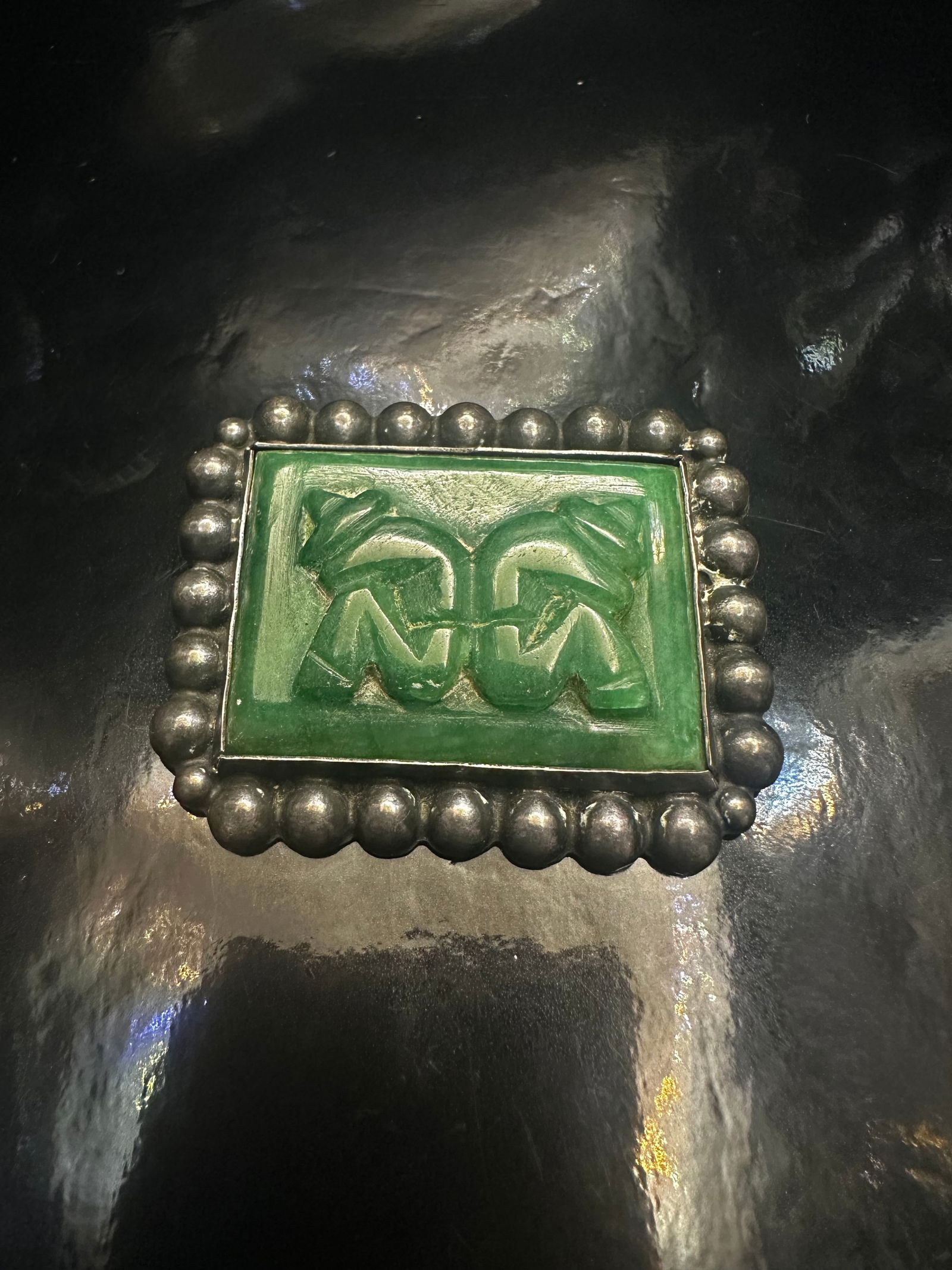 Vintage Mexican .980 Sterling Silver & Carved Green Stone Brooch (1 of 11)