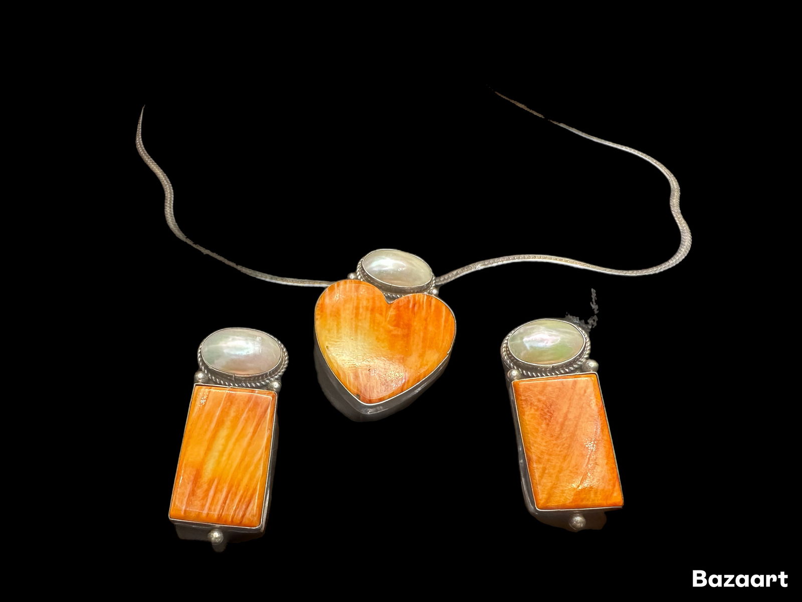 Vintage Sterling Silver Spiny Oyster & Mabe Pearl Necklace & Earring Set (1 of 11)