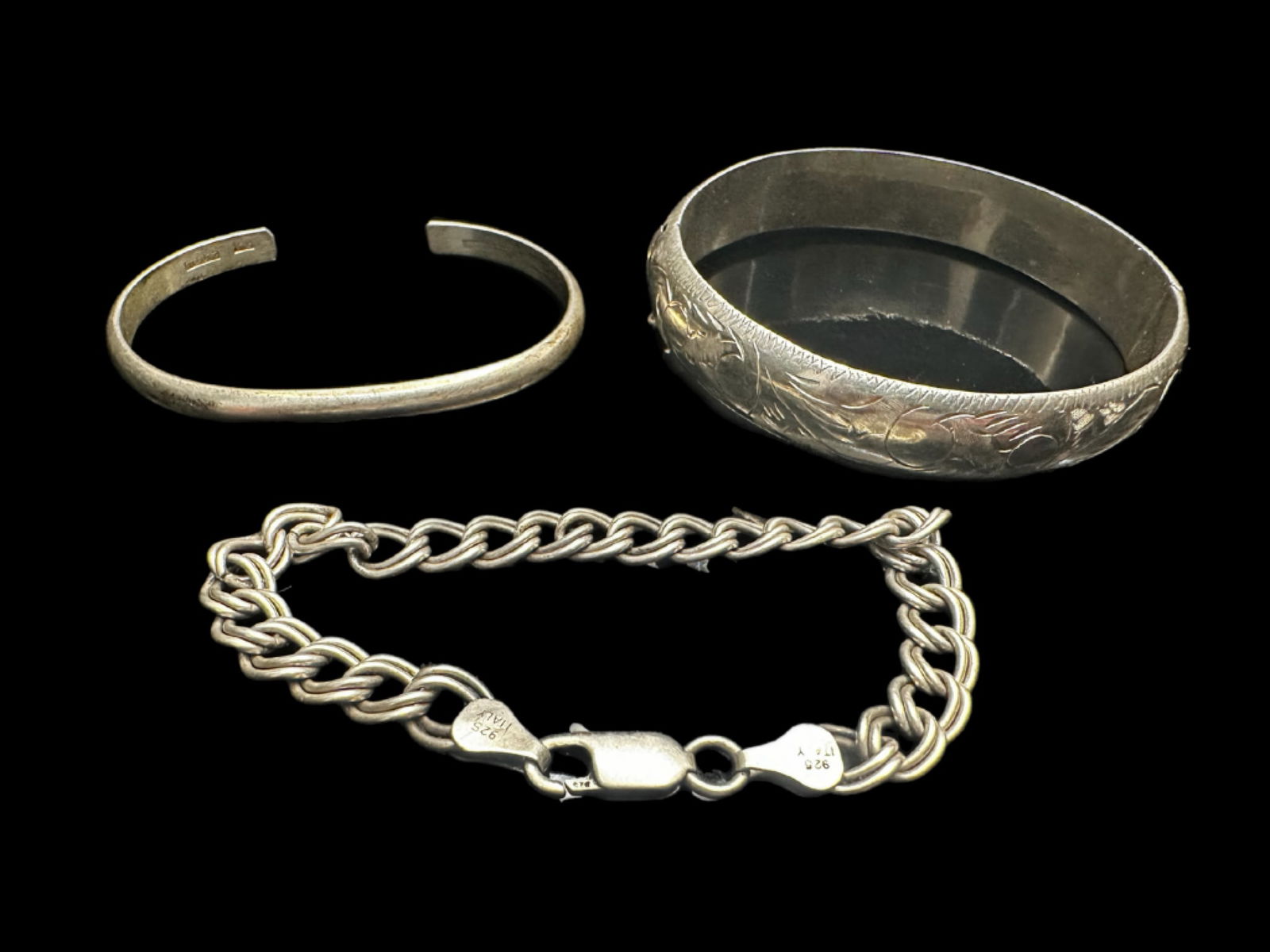 Lot of 3 Vintage Sterling Silver Bracelets – Cuff, Engraved Bangle, and Curb Chain (1 of 17)