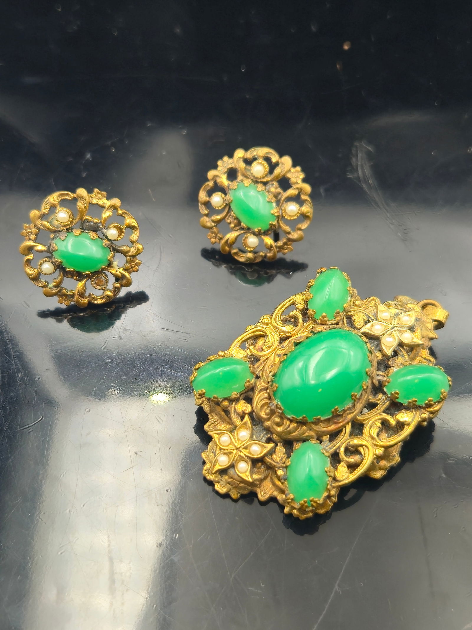 Vintage Faux Jade & Pearl Glass Brooch and Earring Set – Victorian Revival Style (1 of 5)