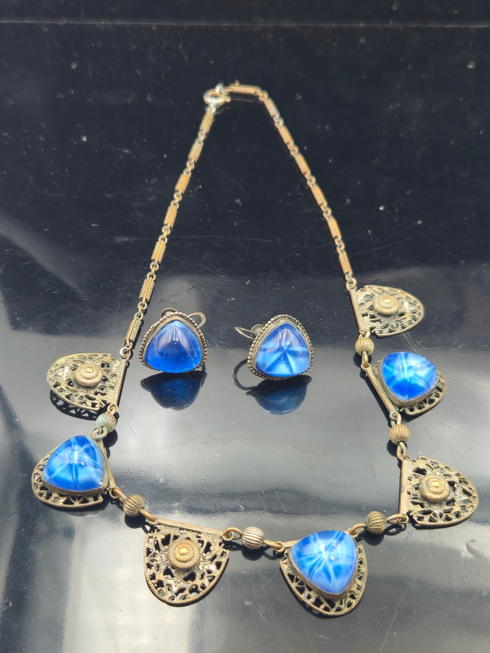 Vintage Czech Blue Satin Glass Necklace & Earrings Set – Starburst Cabochons (1 of 6)