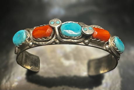 Vintage Effie C. Zuni Sterling Silver Snake Cuff Bracelet w/ Turquoise & Coral: This striking vintage Zuni cuff bracelet by renowned artisan Effie C. is crafted in sterling silver and features her iconic
