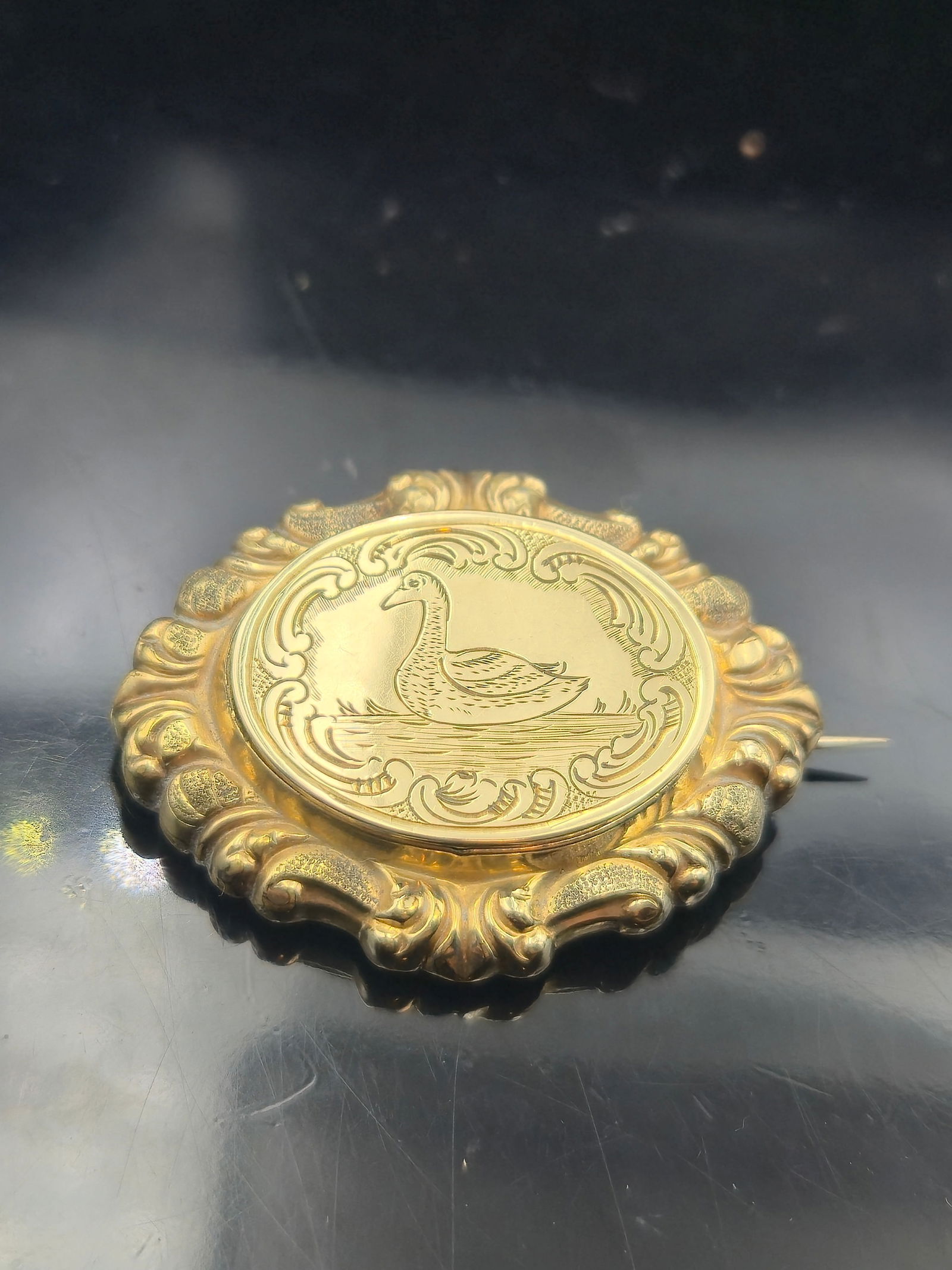 Victorian Gold-Filled Mourning Locket Brooch – Engraved Duck Motif, Non-Magnetic (1 of 6)