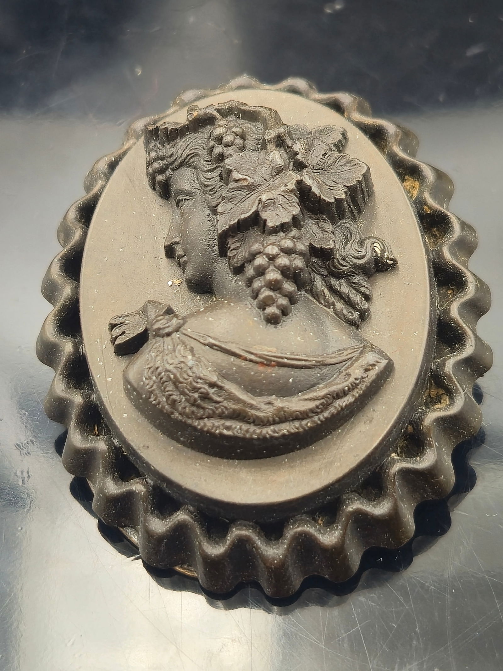 Victorian Gutta Percha Mourning Cameo Brooch – Hard Rubber, Circa 1870s (1 of 5)