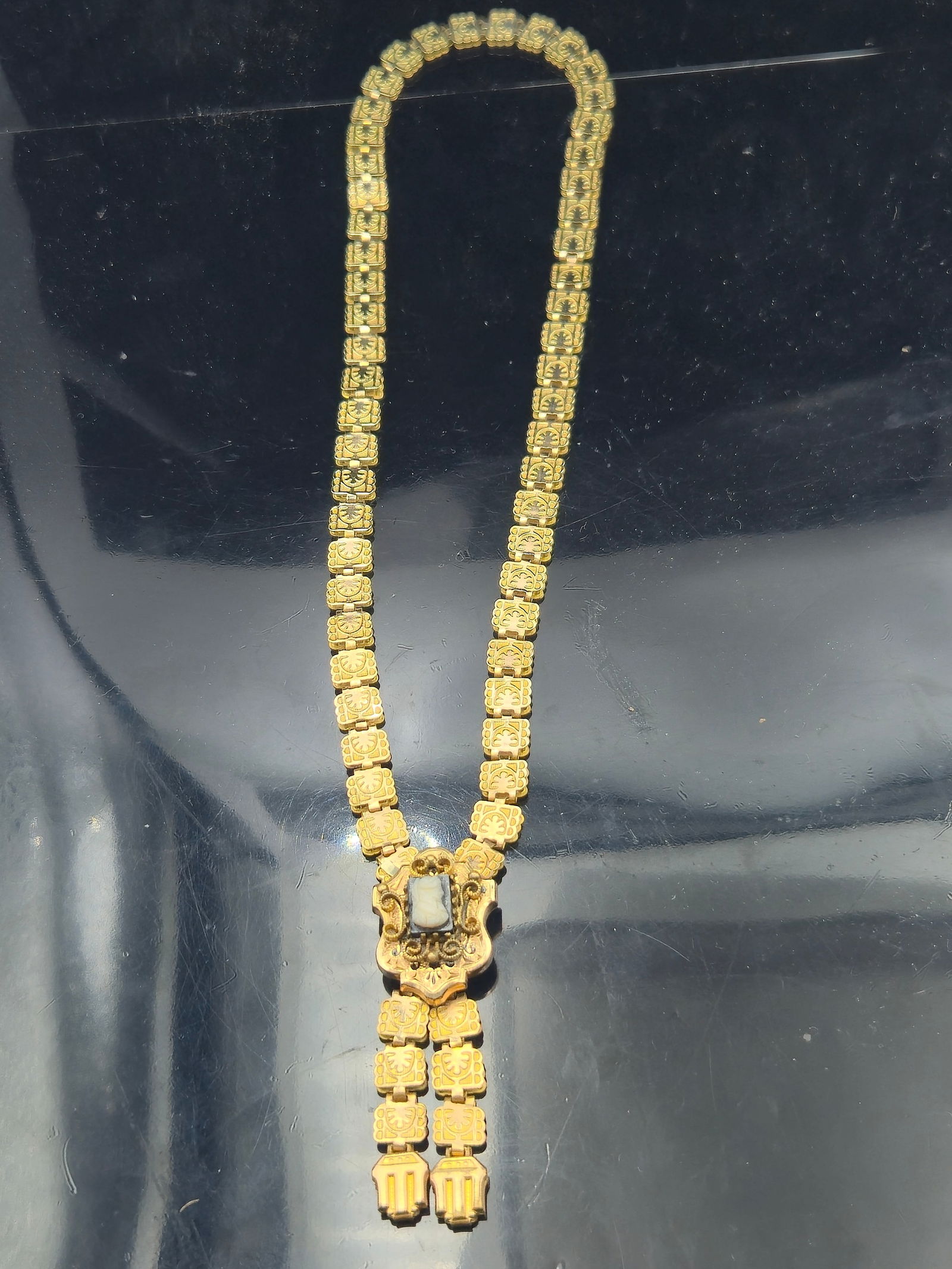 Vintage Gold-Filled Victorian Revival Cameo Necklace – Etched Panel Chain – 24.1g – 17.5" (1 of 8)