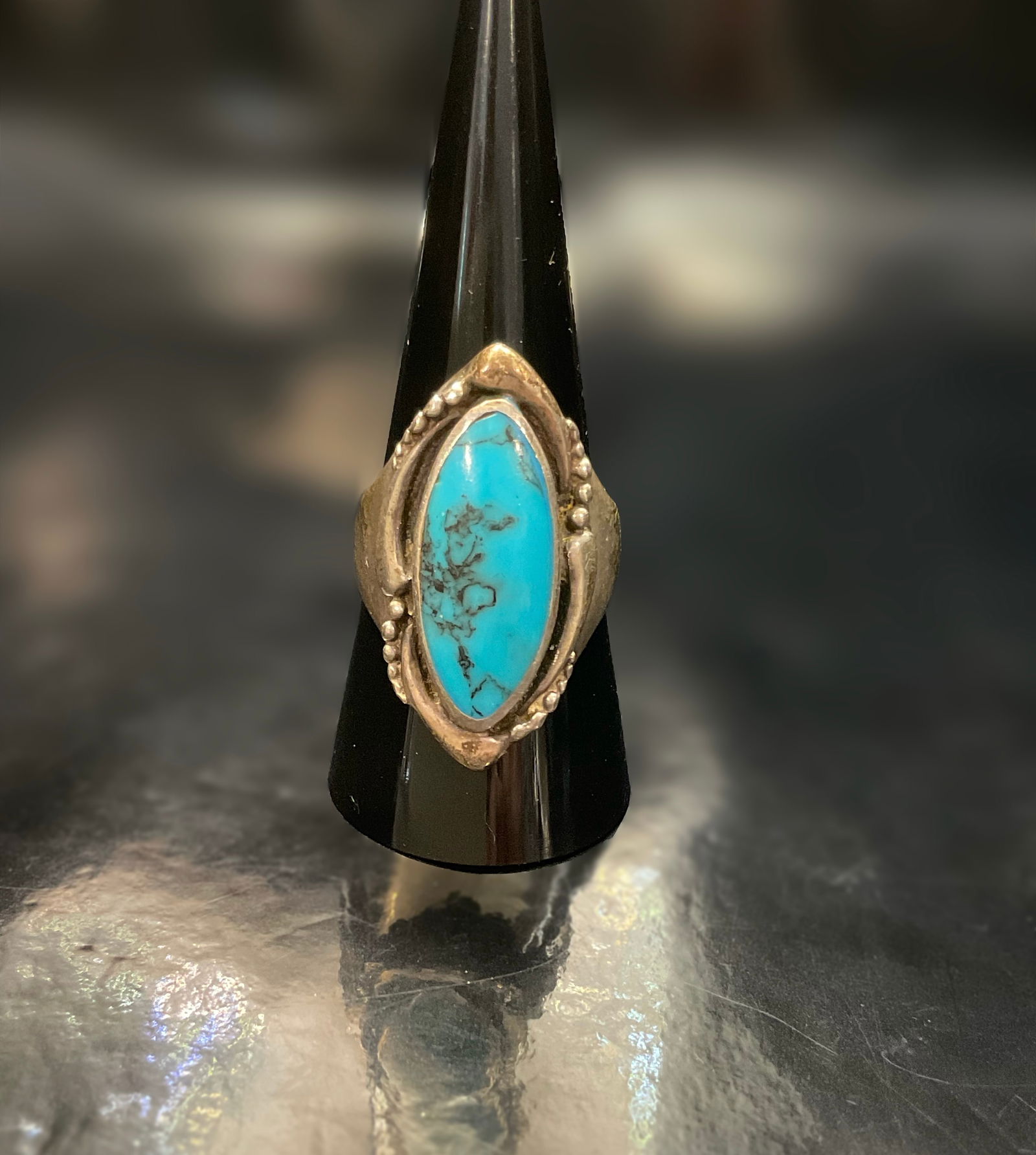 Vintage Sterling Silver & Turquoise Ring – Stamped 925 – Elongated Oval Stone (1 of 10)