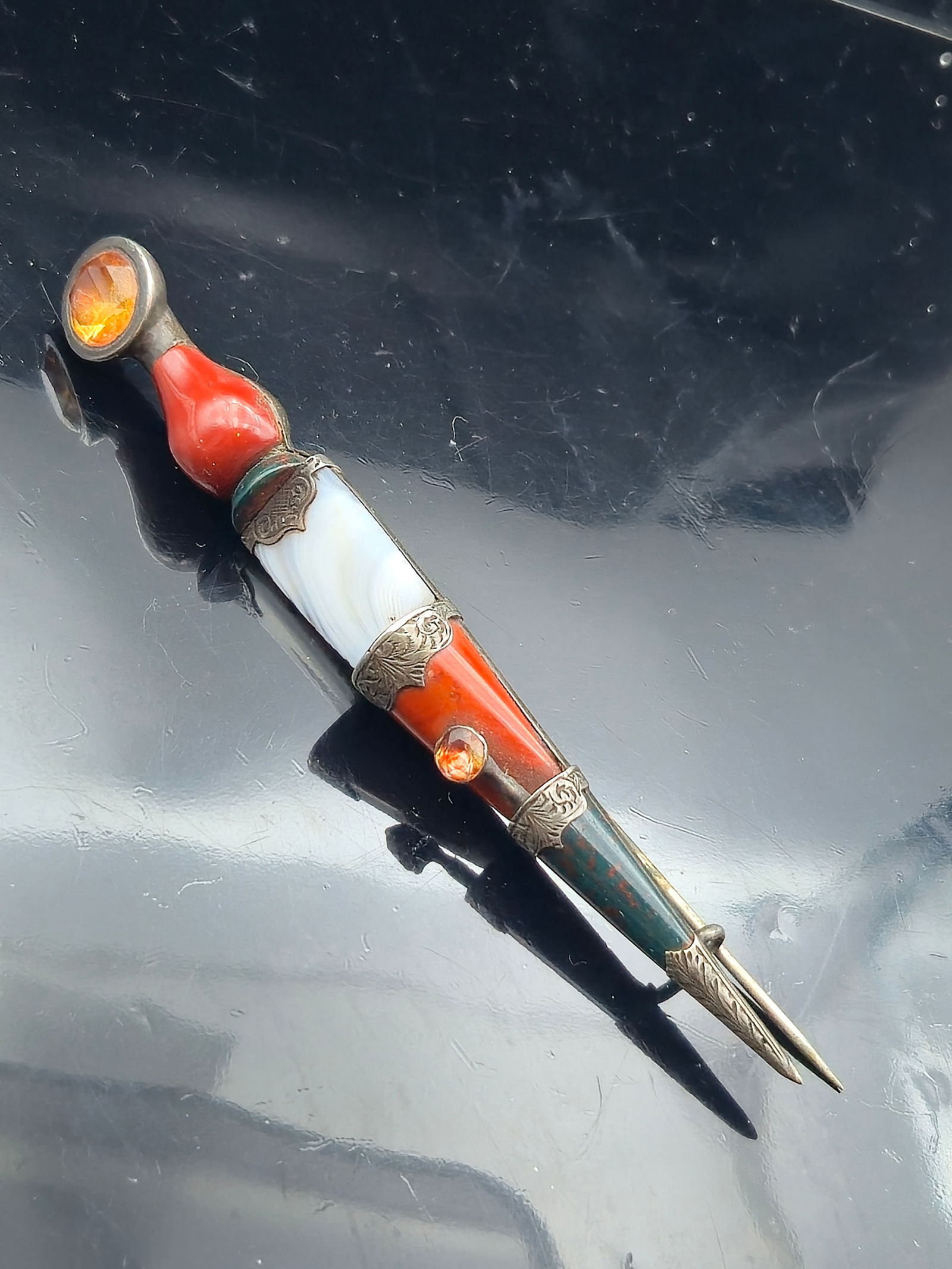 Victorian Scottish Silver Dirk Brooch w/ Cairngorm Citrine & Agate – 3.25", 17.5g (1 of 7)