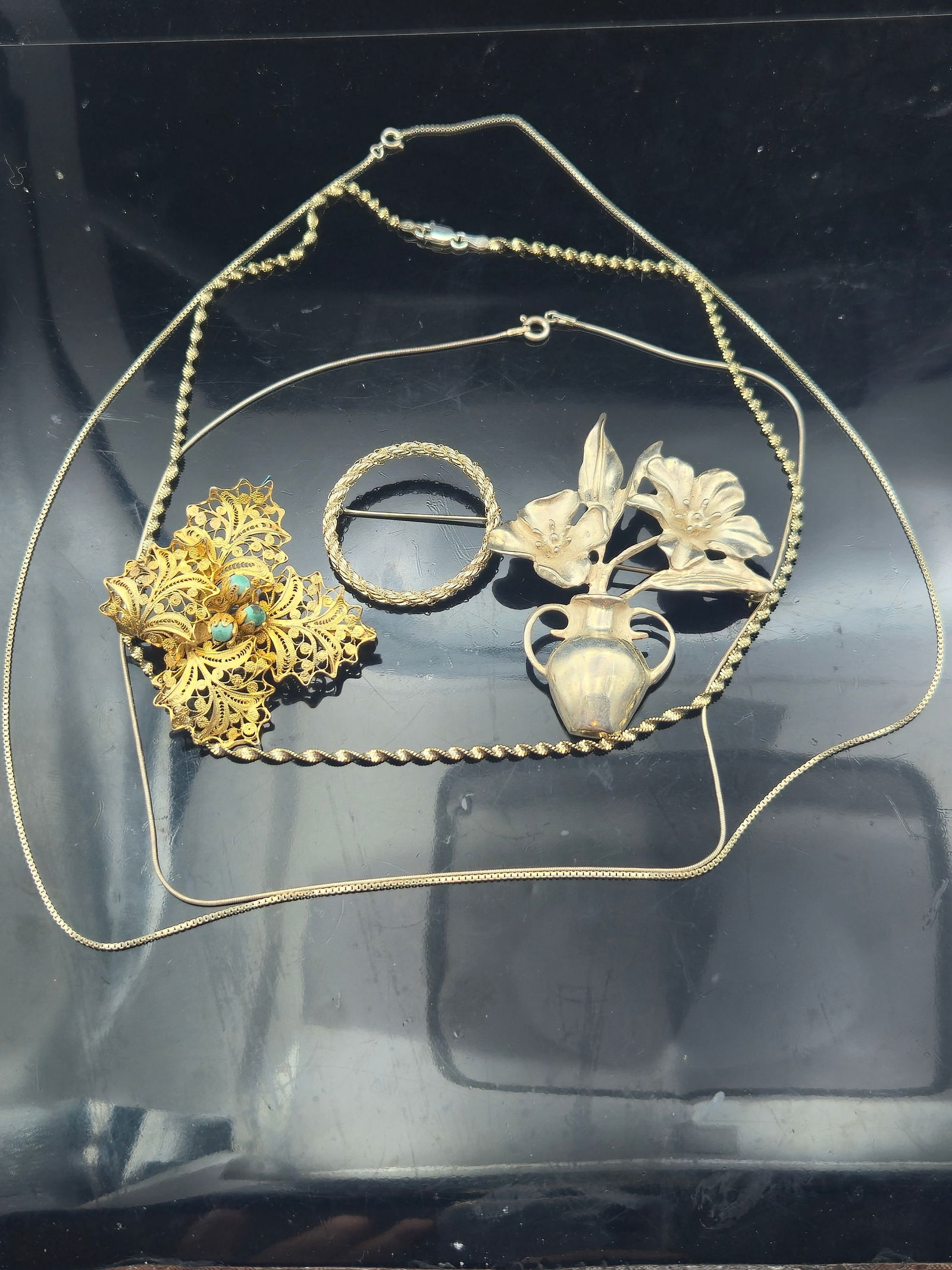 Large Vintage Jewelry Lot – Tiffany & Co. Sterling & 14K Brooch, Silver Chains, Filigree, Floral (1 of 14)