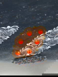 Vintage Navajo Sterling Silver Cluster Ring with Coral Cabochons – Size 5 – 7.2g: This bold vintage Navajo sterling silver cluster ring showcases six vibrant red coral cabochons set in hand-cut serrated bezels. The design features a raised circular layout with silver drop accents a