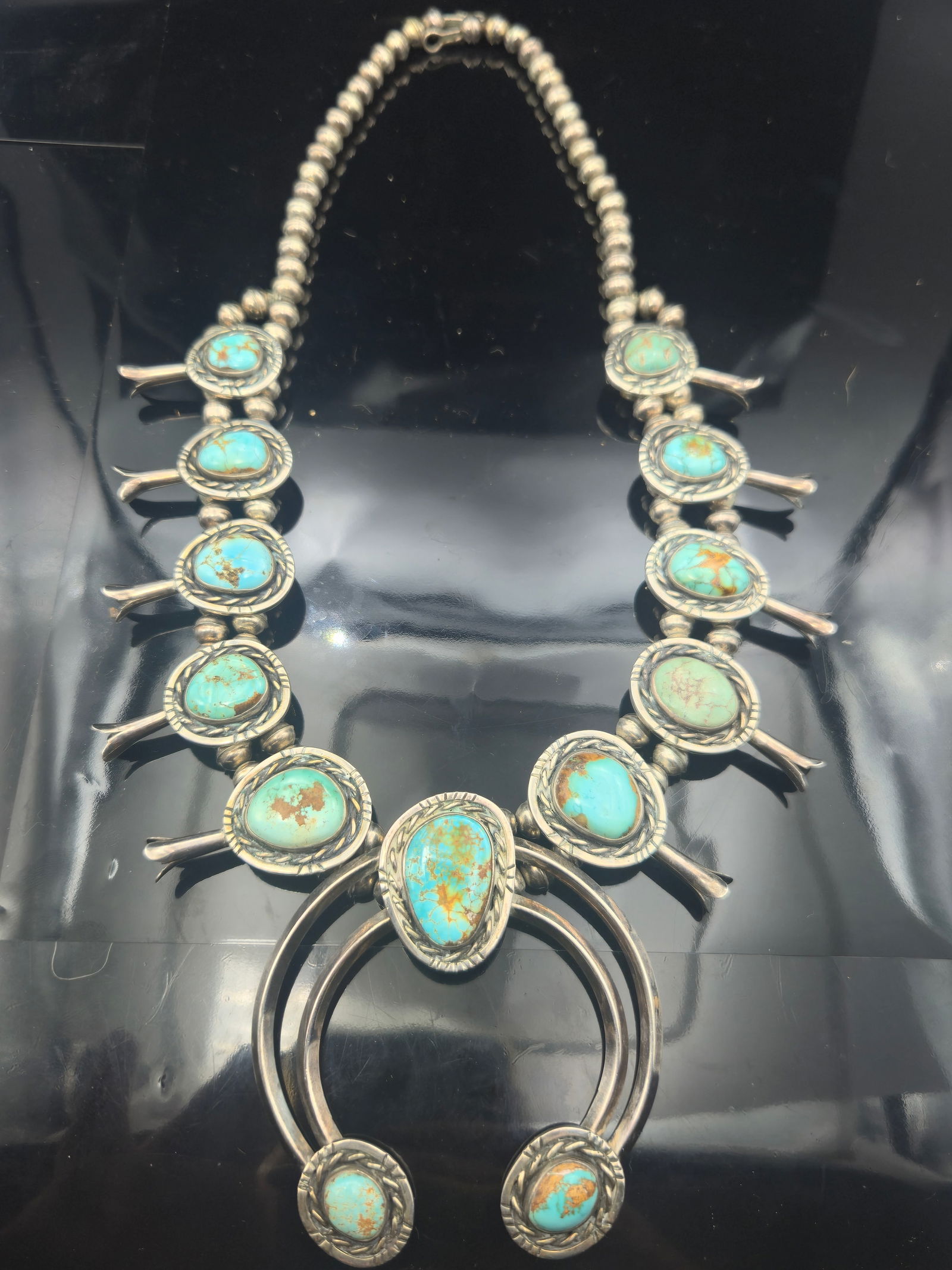 Vintage Navajo Sterling Silver Squash Blossom Necklace – 174g – Kingman Turquoise – Signed CL? (1 of 11)