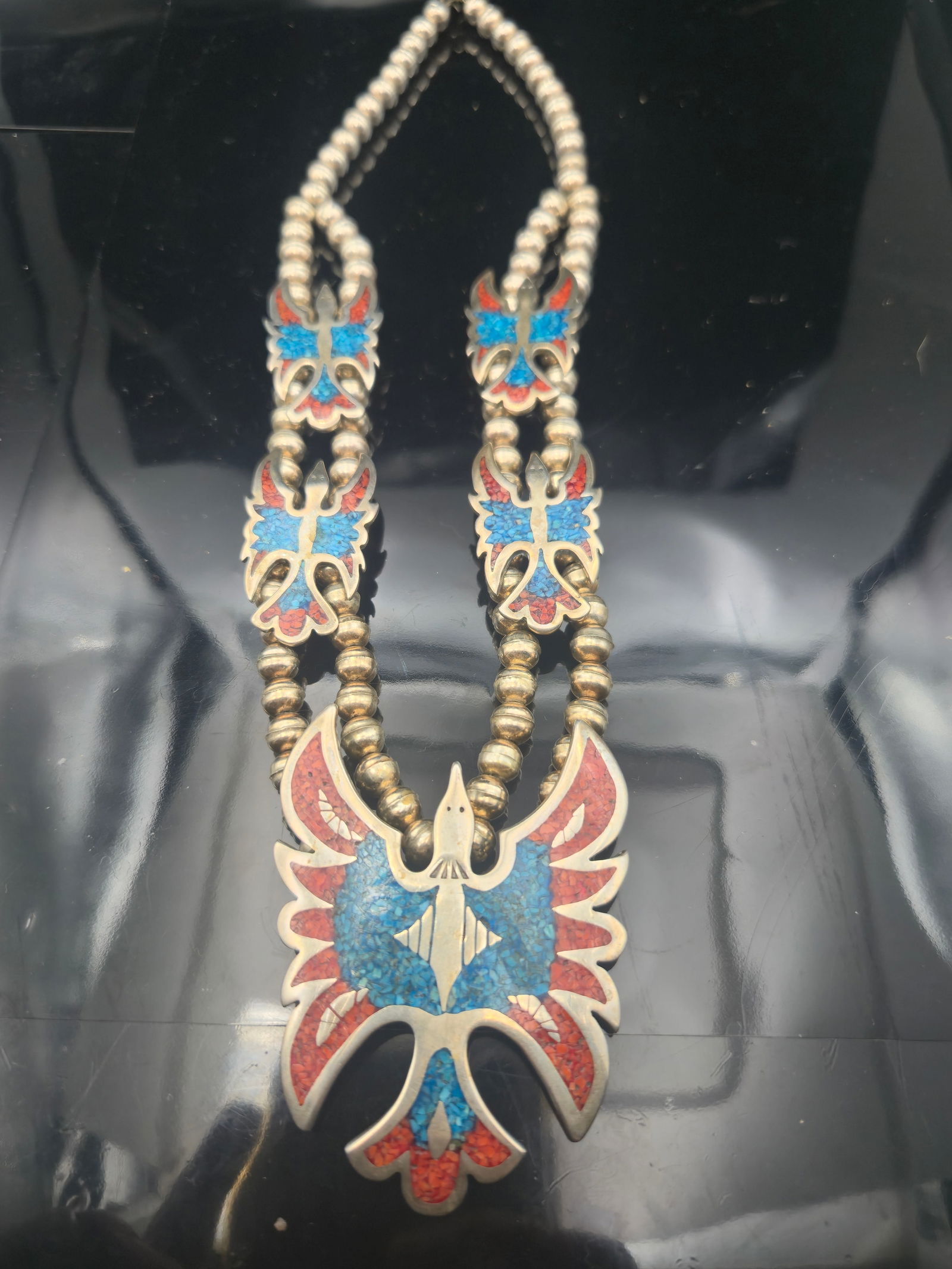 Vintage Zuni Thunderbird Inlay Squash Blossom Necklace – Sterling Silver – Coral & Turquoise – (1 of 8)
