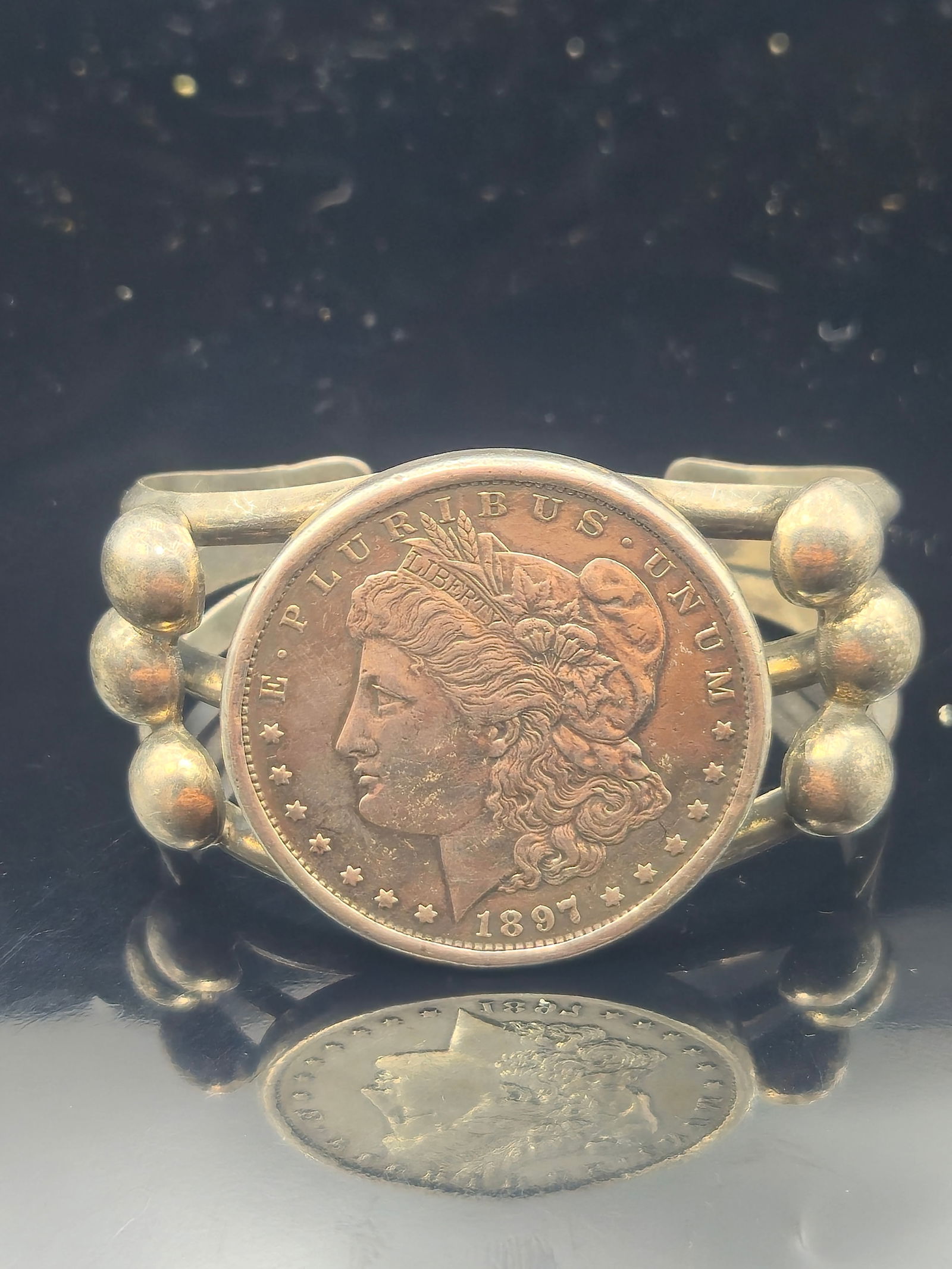 Sterling Silver Native American Cuff Bracelet with 1897 Morgan Silver Dollar, 60.9g (1 of 7)