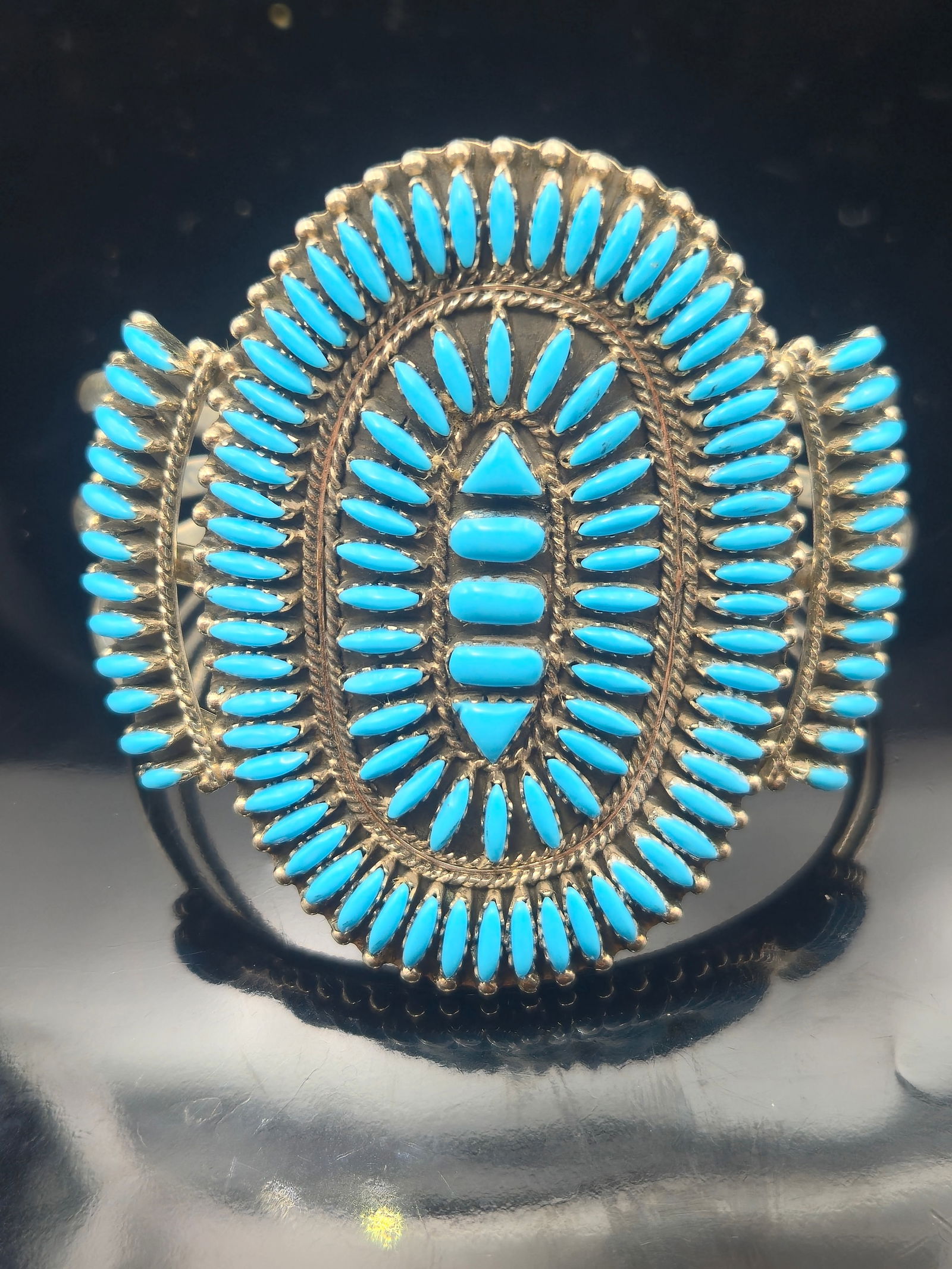 Vintage Zuni Sterling Silver Cluster Cuff Bracelet with Snake Eye Turquoise, 60.6g, 63.8mm (1 of 9)