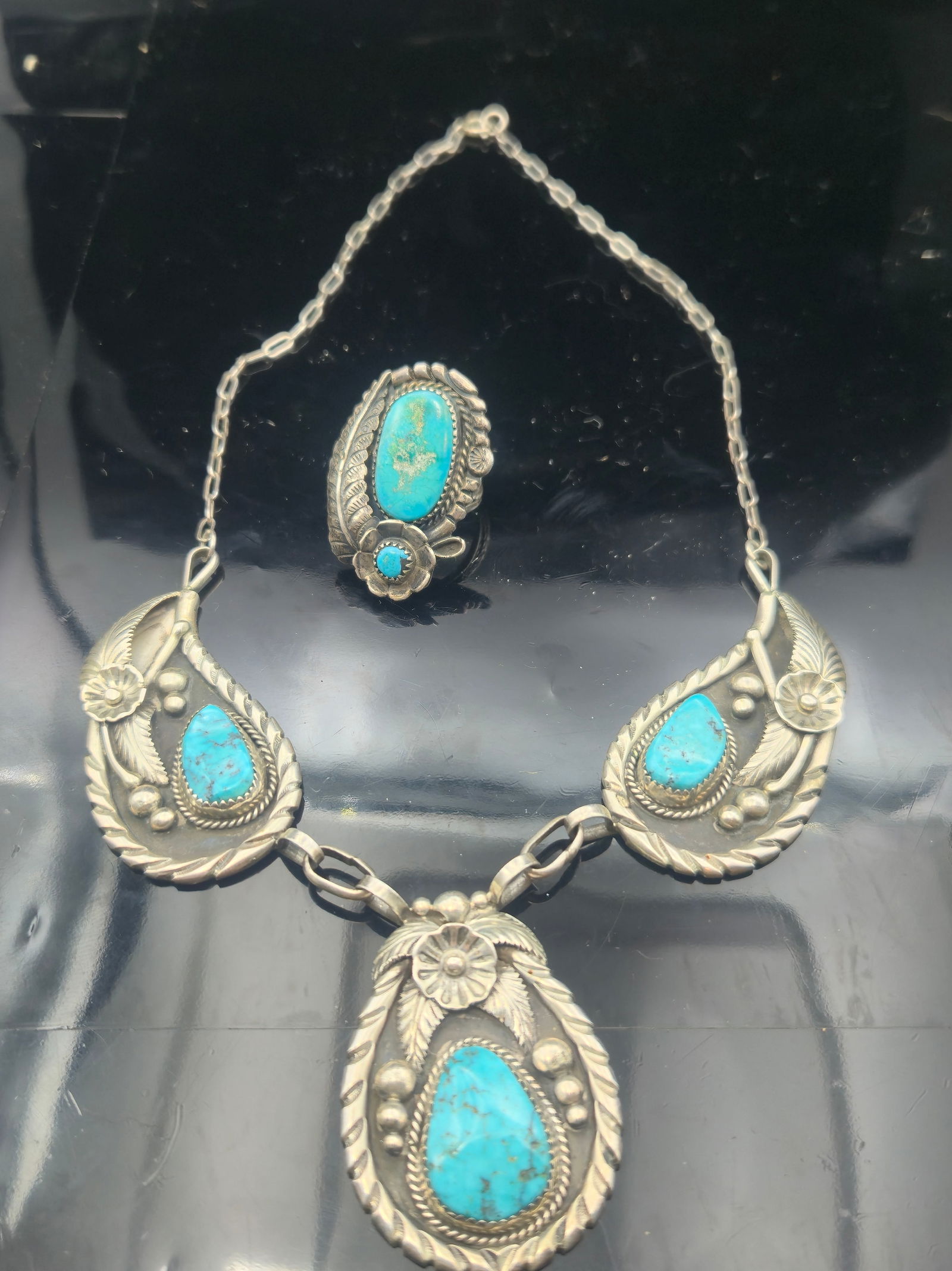 Vintage Navajo Sterling Silver Turquoise Necklace & Ring Set, Floral Leaf Motif, 66g, Size 8.5 AG (1 of 9)
