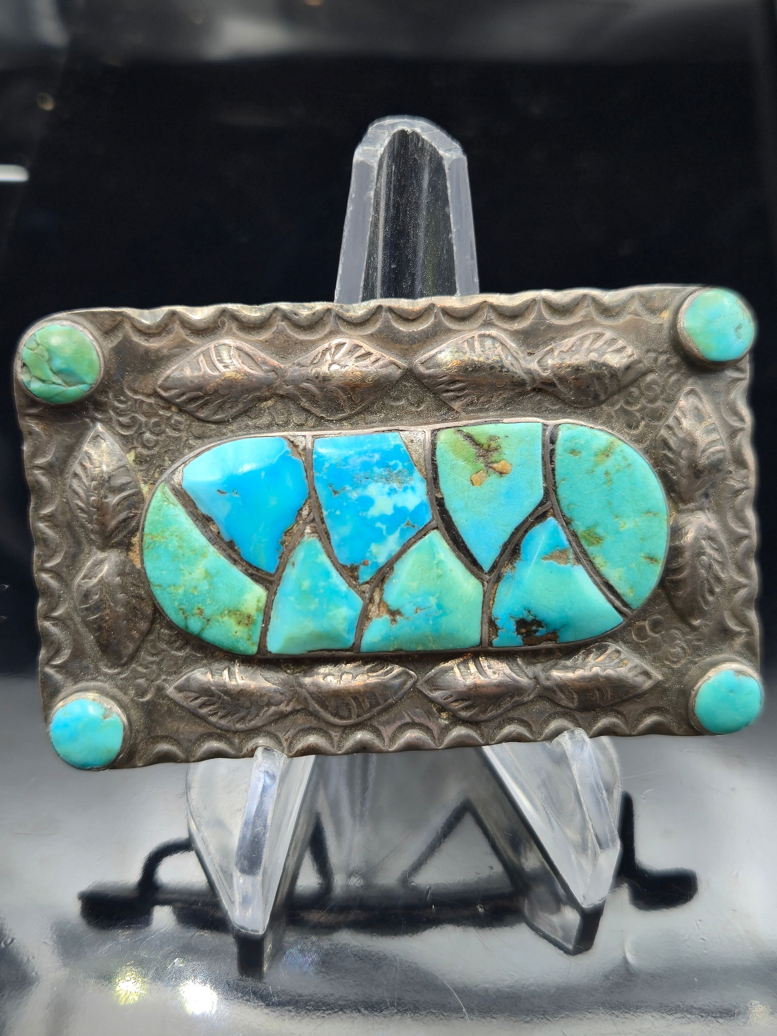 Vintage Navajo Sterling Silver & Turquoise Mosaic Inlay Belt Buckle – 61.3g – Leaf & Raindrop (1 of 6)