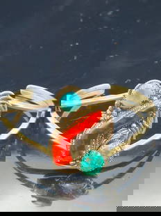 Vintage Navajo Sterling Silver Cuff Bracelet w/ Coral & Turquoise – 17.8g – 60.6mm: This handcrafted vintage Navajo cuff bracelet features a bold central design with natural turquoise and branch coral cabochons, framed by detailed silverwork including twisted wire, raindrops, floral