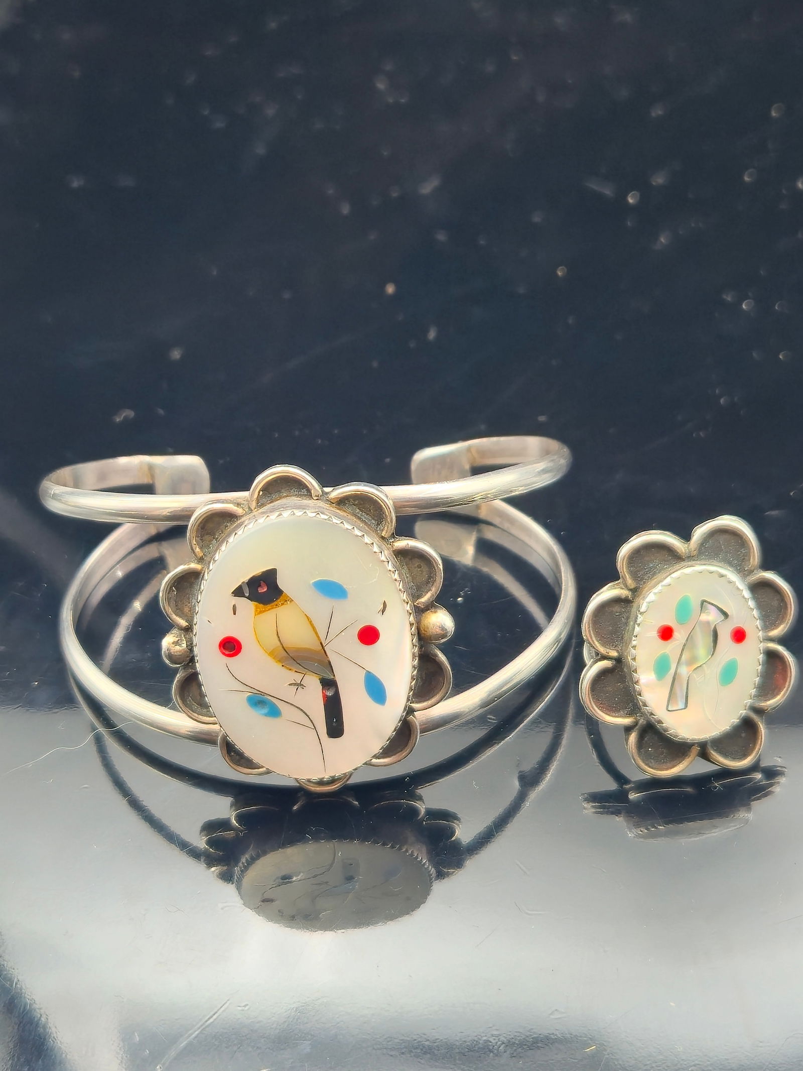 Vintage Zuni Sterling Silver Inlay Bird Cuff Bracelet & Ring Set – 31.9g – Size 6.75 – Mother (1 of 11)