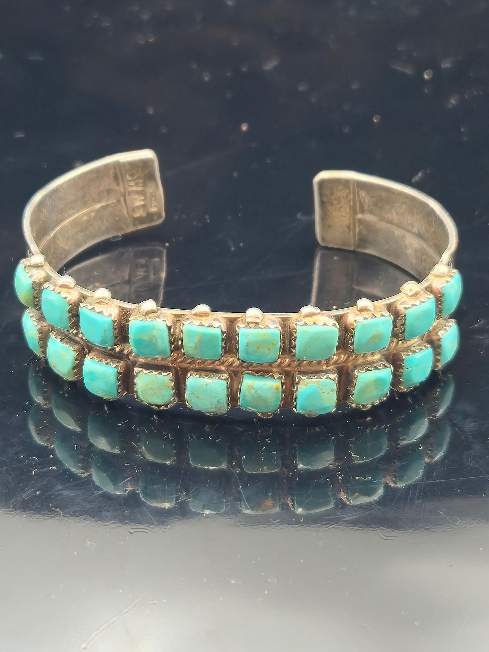 Vintage Navajo Sterling Silver Cuff Bracelet by S. W. M. – 28.6g – Triple Row Turquoise – (1 of 7)