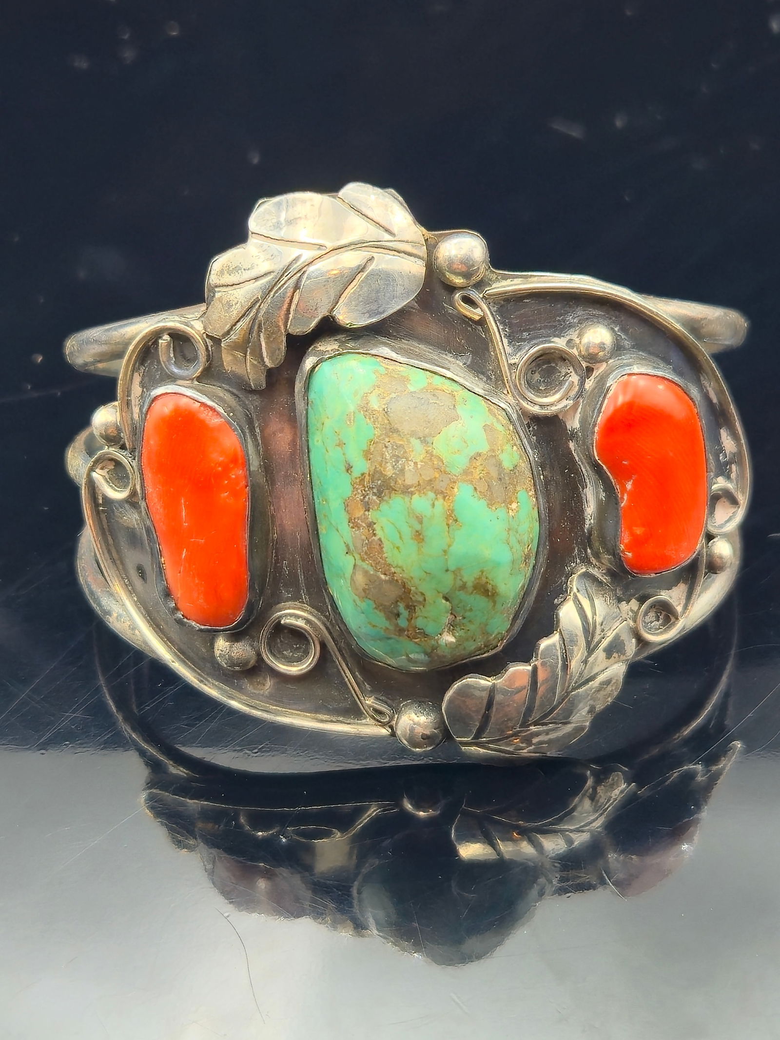 Navajo Sterling Silver Cuff Bracelet – Turquoise & Coral – artist stamped 50.9g – 60.9mm (1 of 7)